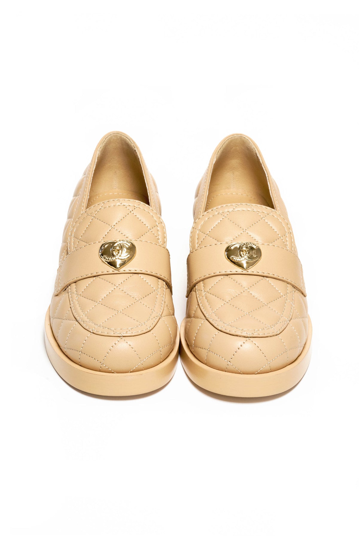 Chanel Nude Quilted Leather Loafers With Gold Heart Charm Size 38.5