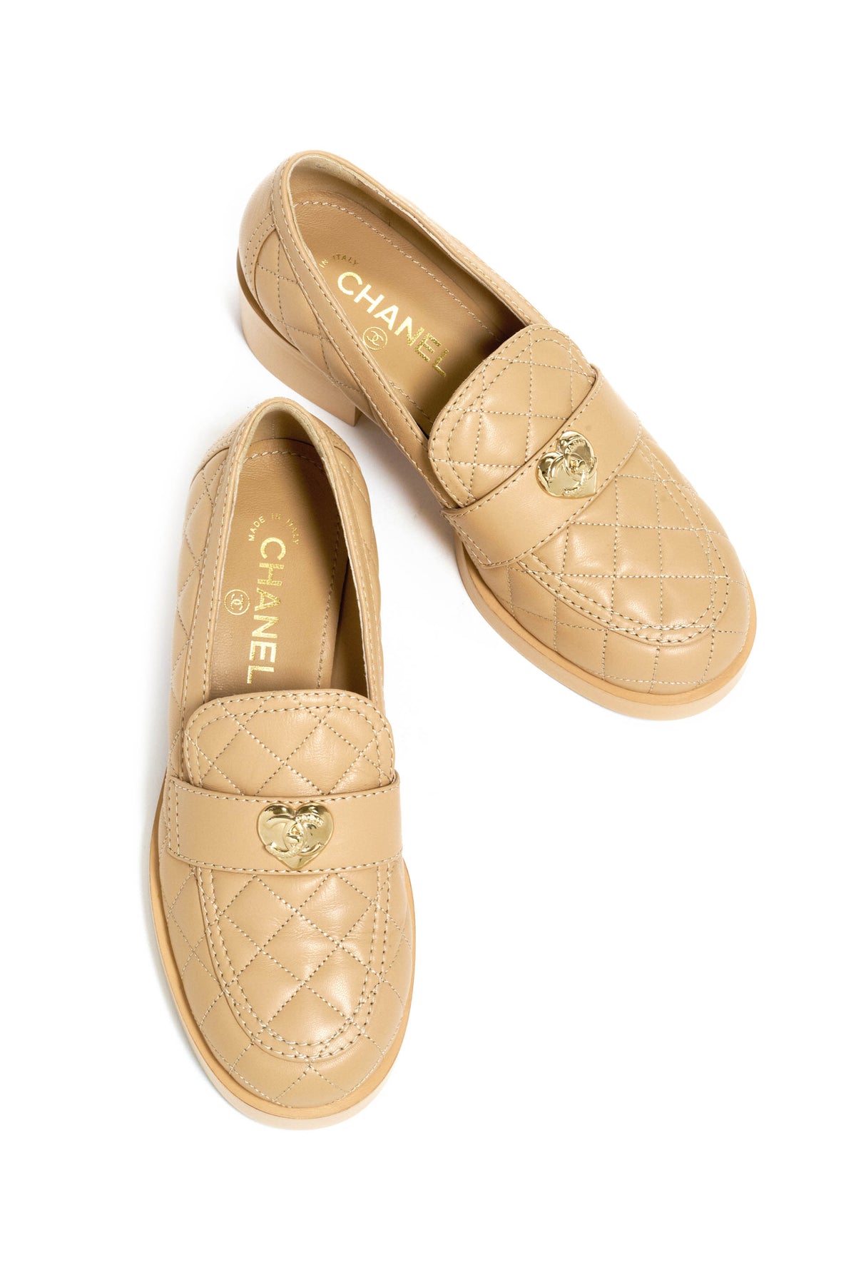 Chanel Nude Quilted Leather Loafers With Gold Heart Charm Size 38.5