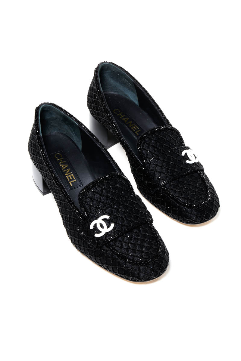 Chanel Rare Black and White Beaded Quilt Pattern Loafers White CC 2023 Size 40