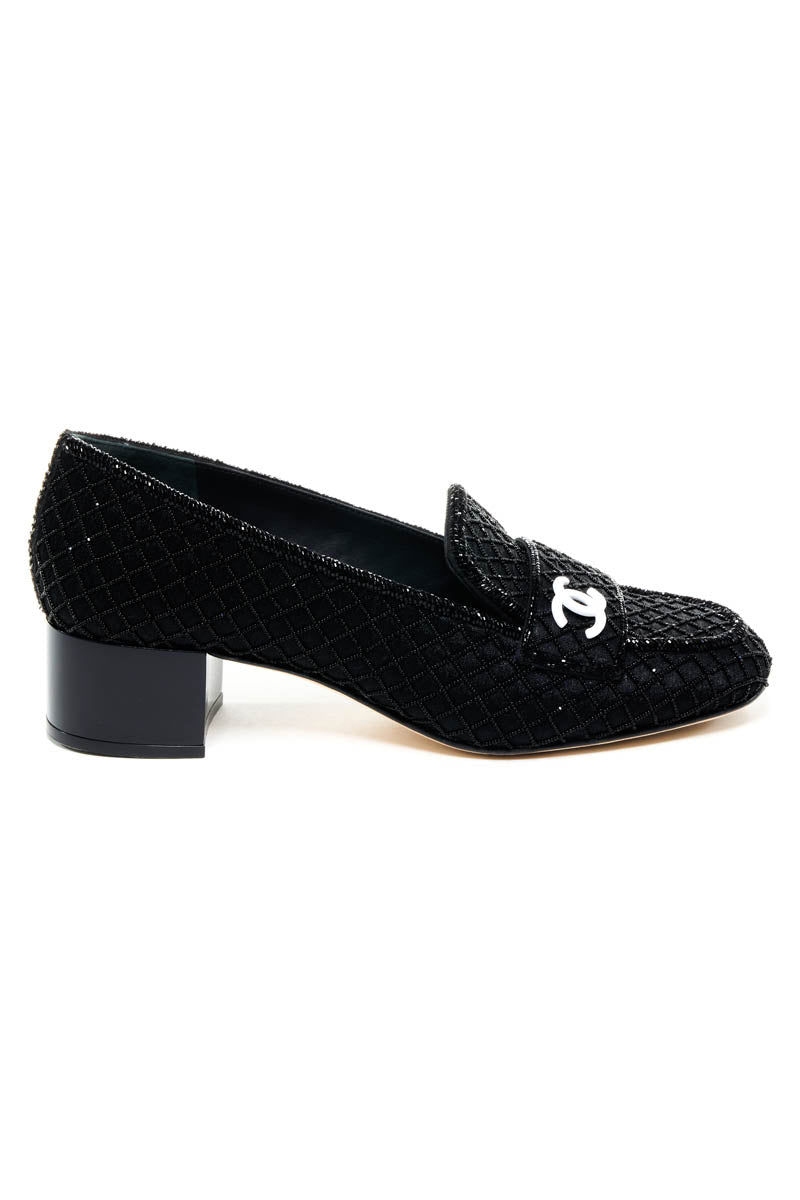 Chanel Rare Black and White Beaded Quilt Pattern Loafers White CC 2023 Size 40