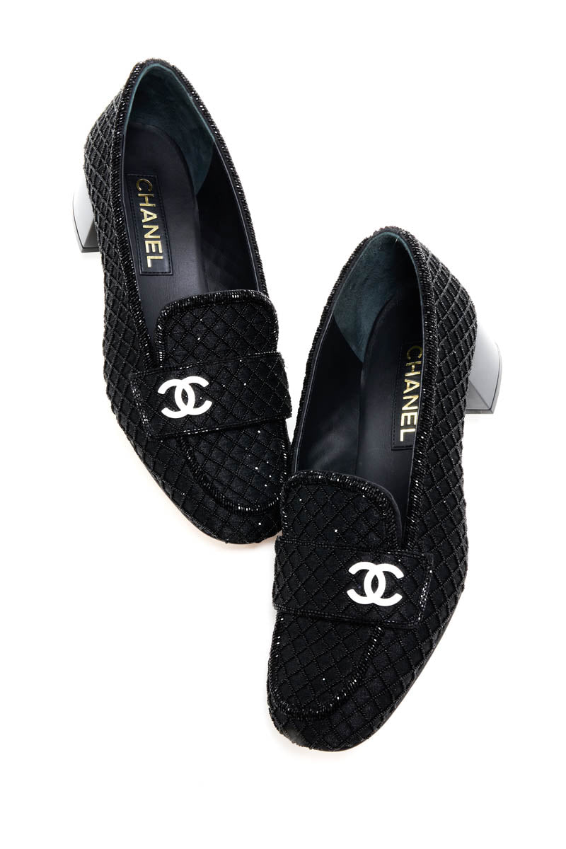 Chanel Rare Black and White Beaded Quilt Pattern Loafers White CC 2023 Size 40