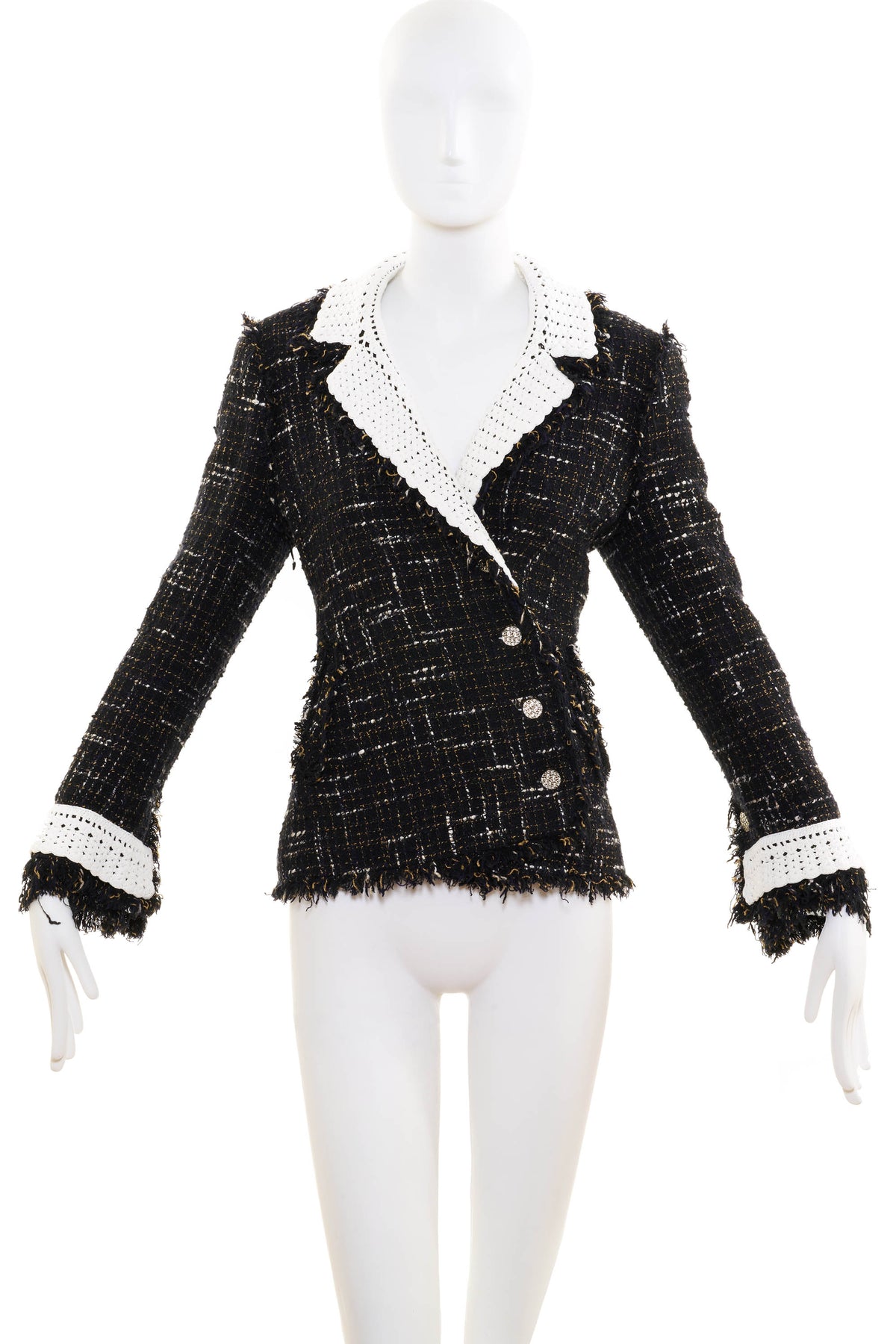 Chanel Black and White Tan Tweed Crochet Collar Jacket 04S Size 42