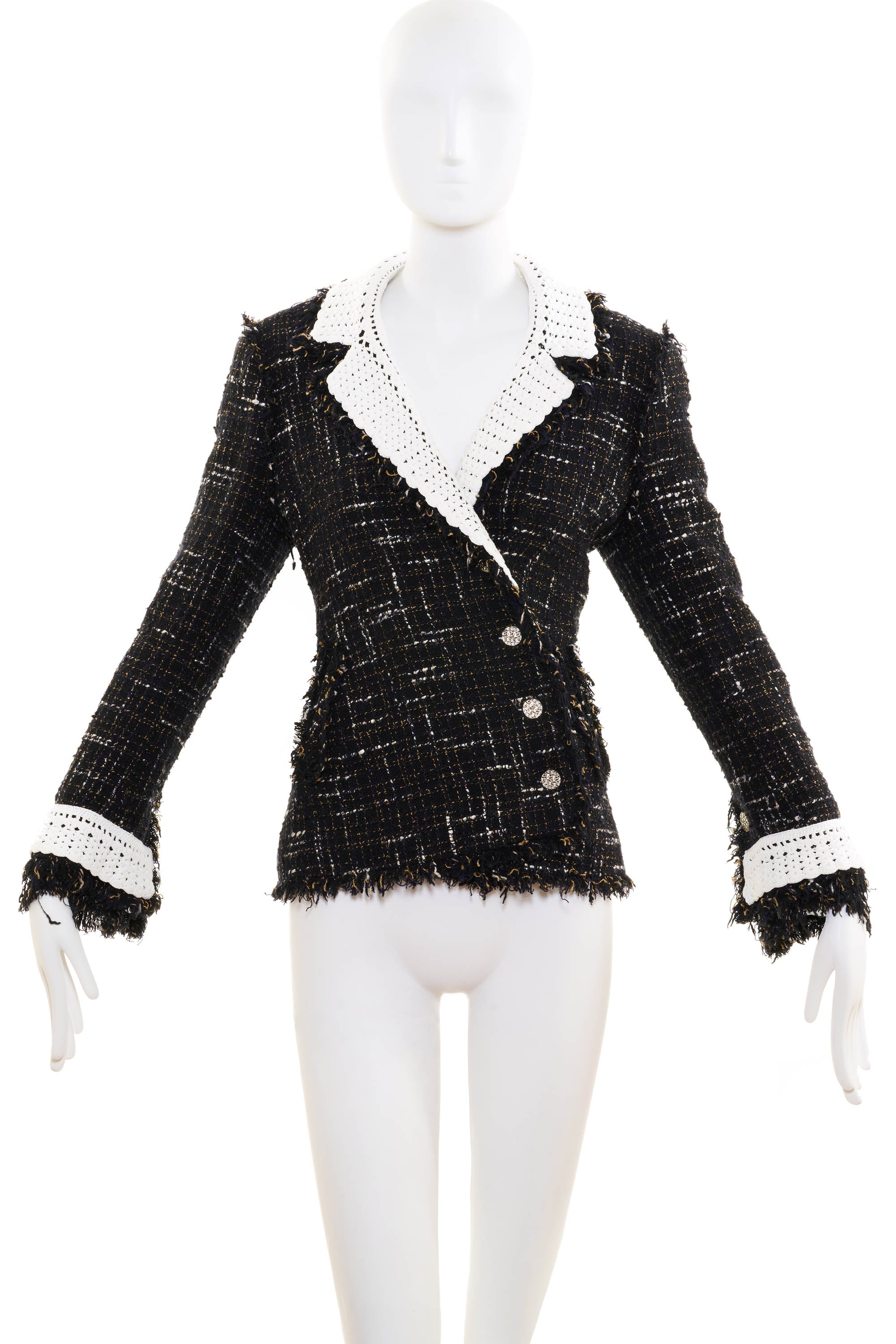 Chanel Black and White Tan Tweed Crochet Collar Jacket 04S Size 42