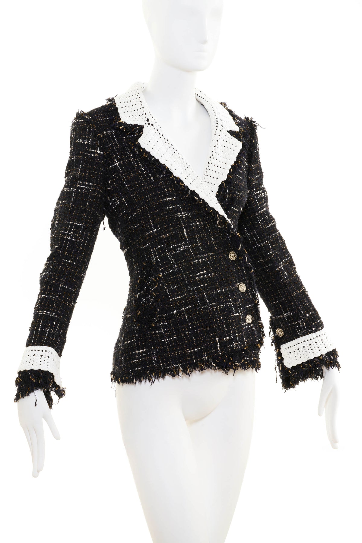 Chanel Black and White Tan Tweed Crochet Collar Jacket 04S Size 42