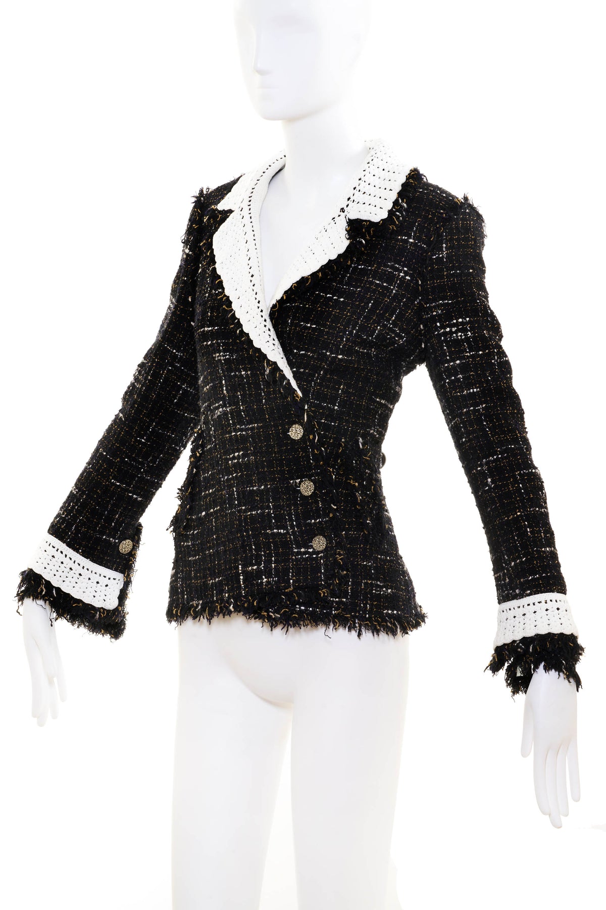 Chanel Black and White Tan Tweed Crochet Collar Jacket 04S Size 42