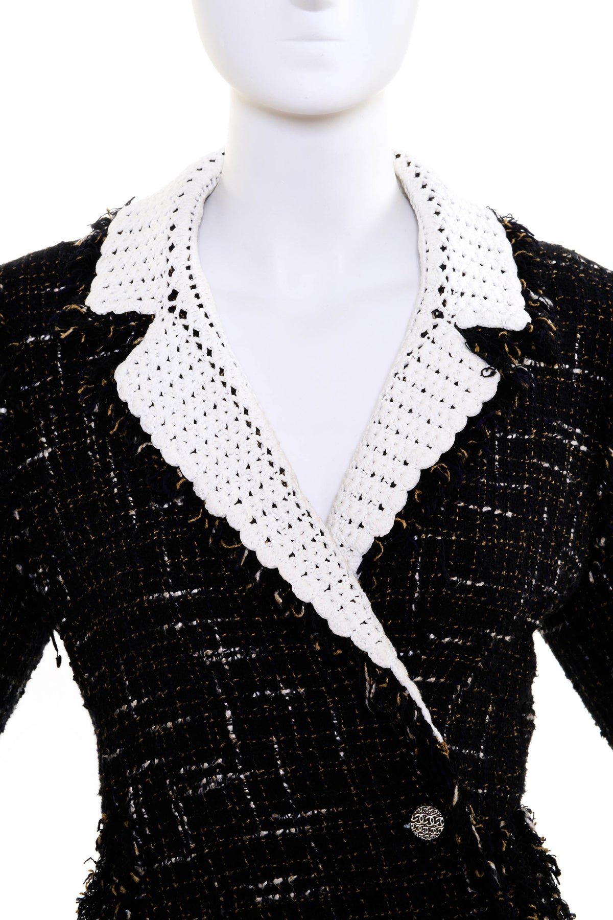 Chanel Black and White Tan Tweed Crochet Collar Jacket 04S Size 42