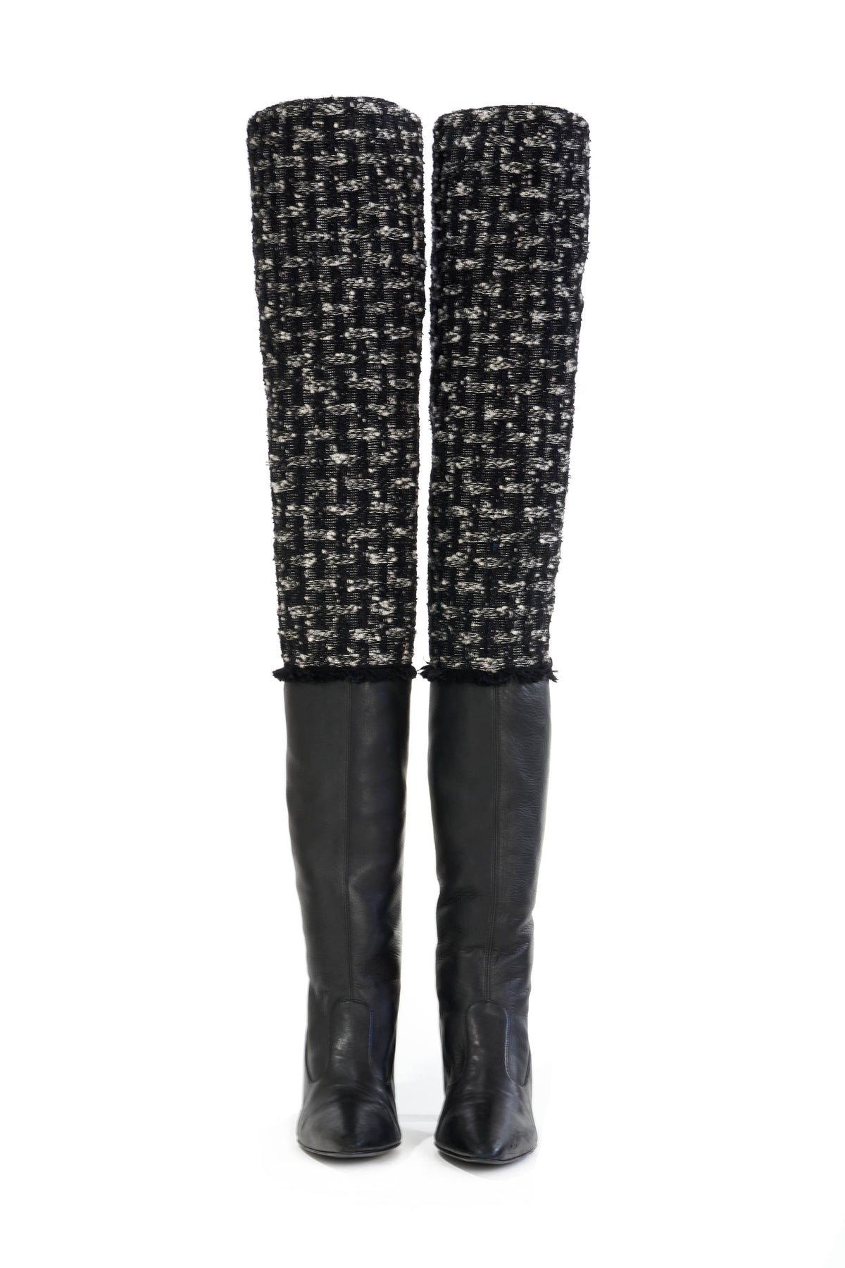 Chanel Calfskin Leather and Tweed Over the Knee Boots