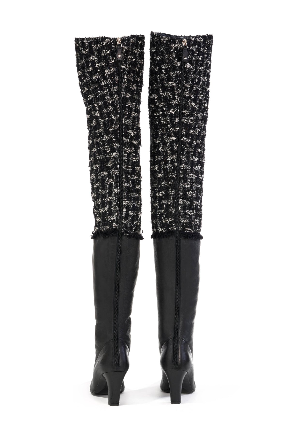 Chanel Calfskin Leather and Tweed Over the Knee Boots