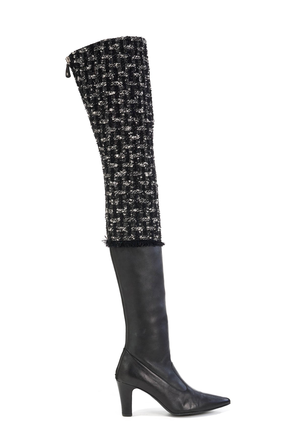 Chanel Calfskin Leather and Tweed Over the Knee Boots