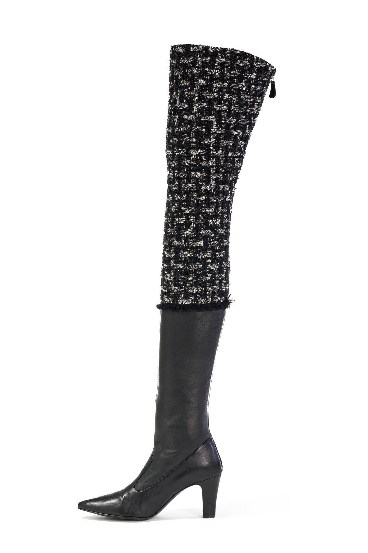 Chanel Calfskin Leather and Tweed Over the Knee Boots