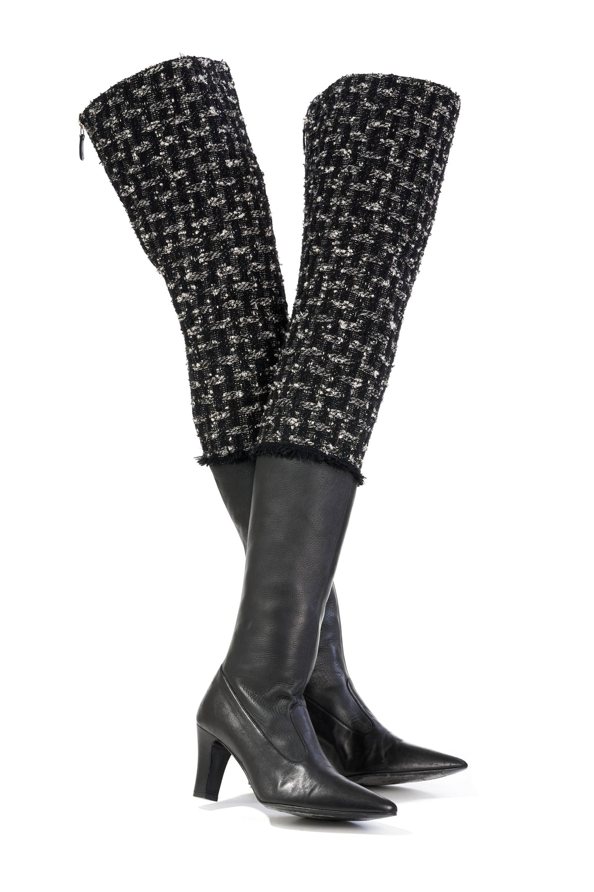 Chanel Calfskin Leather and Tweed Over the Knee Boots