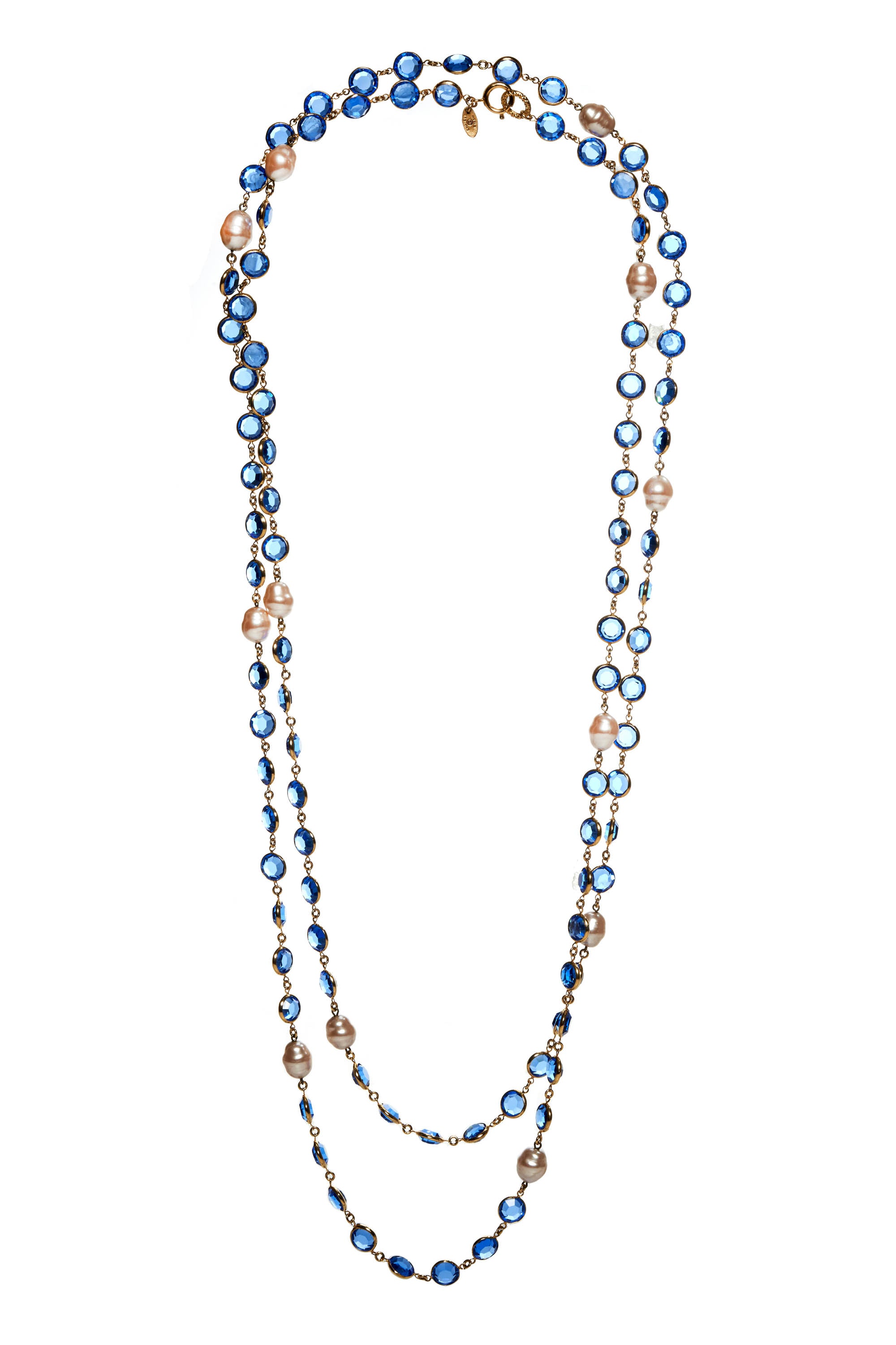 Chanel Vintage 80's Sautoir Pearl Necklace With Blue Strass Crystals 24k Gold Plated