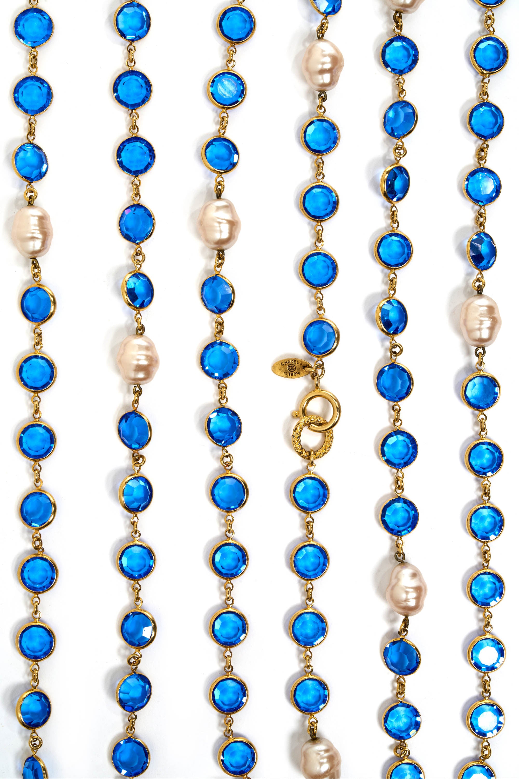 Chanel Vintage 80's Sautoir Pearl Necklace With Blue Strass Crystals 24k Gold Plated