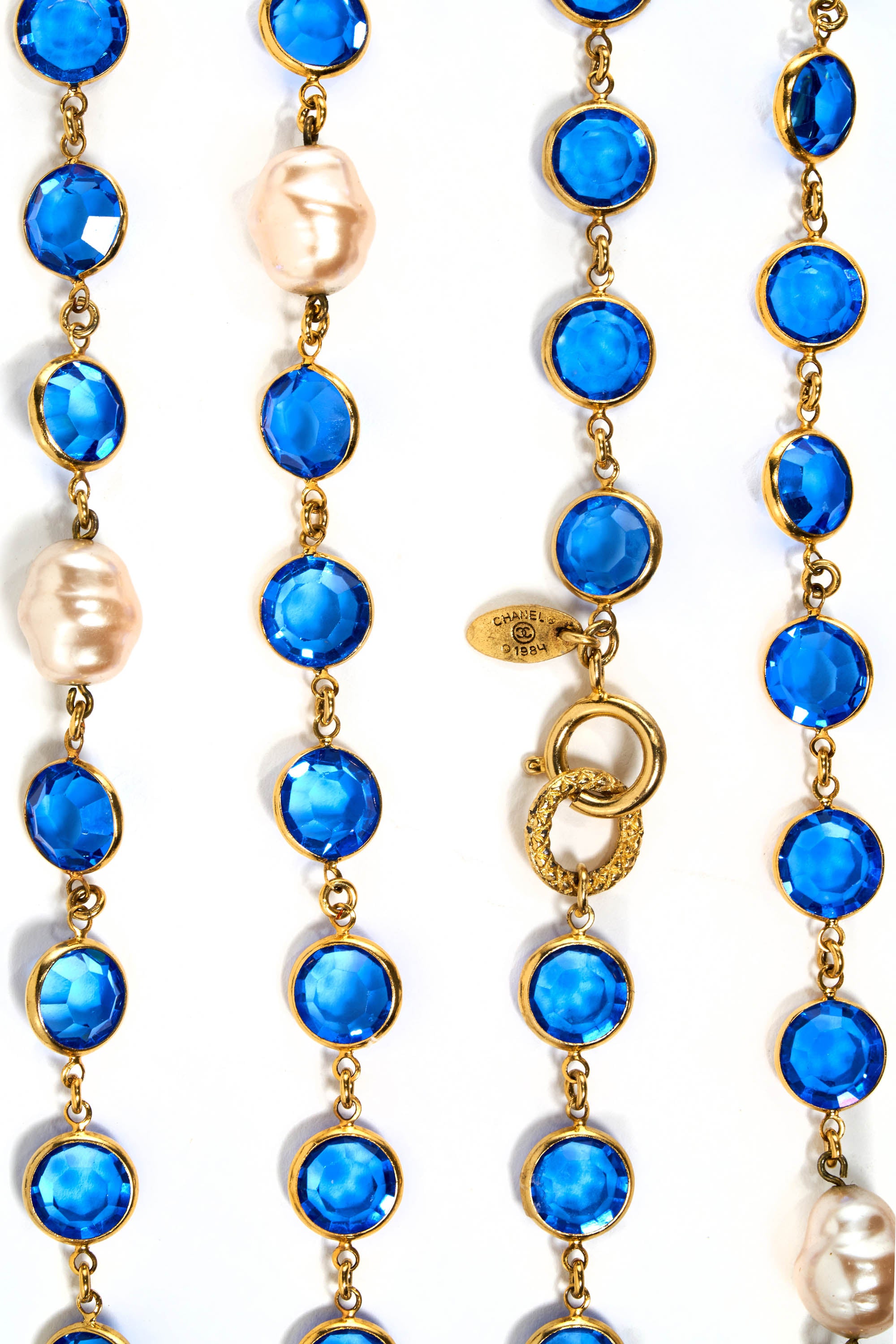 Chanel Vintage 80's Sautoir Pearl Necklace With Blue Strass Crystals 24k Gold Plated