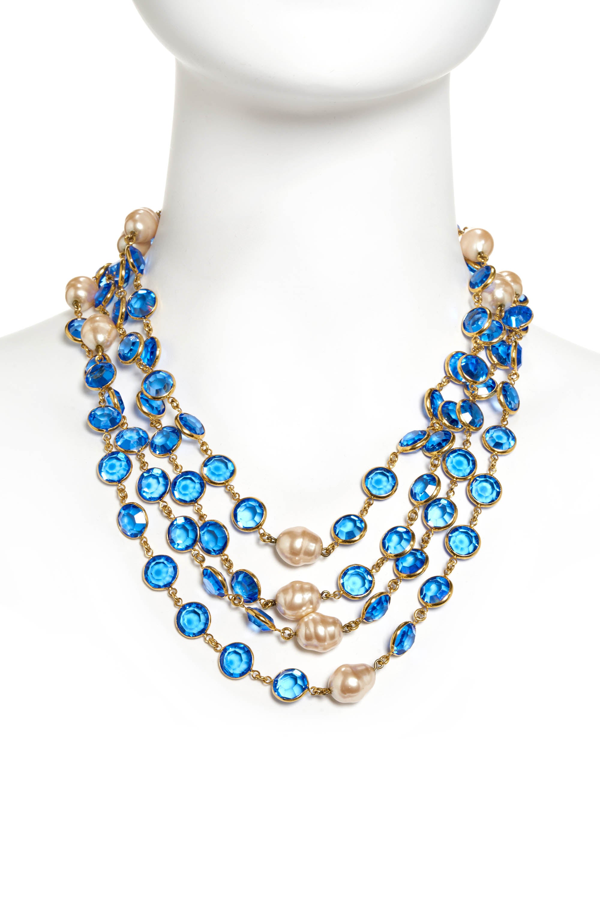 Chanel Vintage 80's Sautoir Pearl Necklace With Blue Strass Crystals 24k Gold Plated