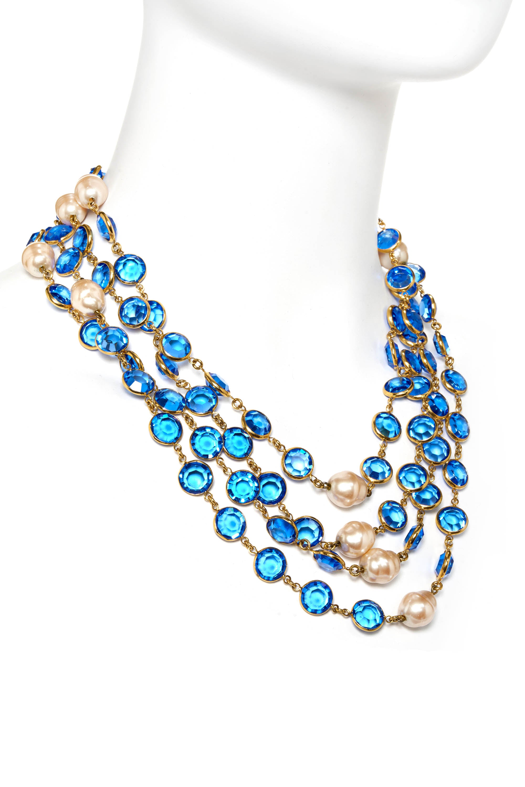 Chanel Vintage 80's Sautoir Pearl Necklace With Blue Strass Crystals 24k Gold Plated