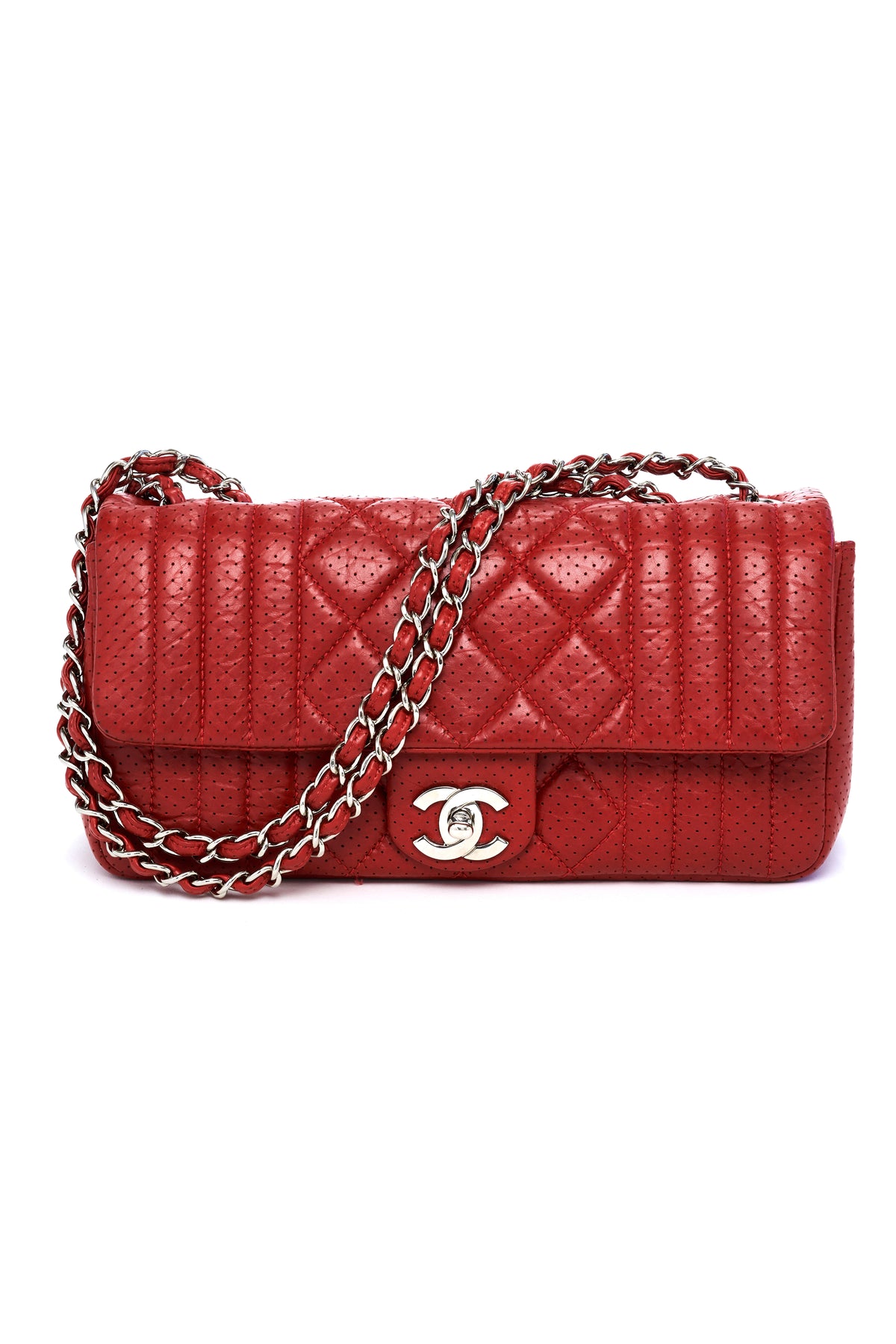 Chanel Red Perforated Quilted Flap Purse SHW