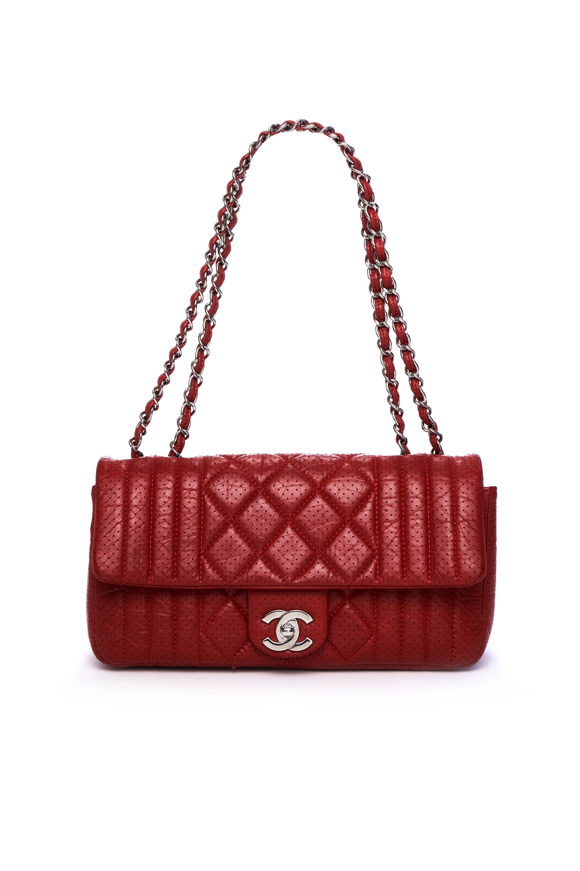 Chanel Red Perforated Quilted Flap Purse SHW