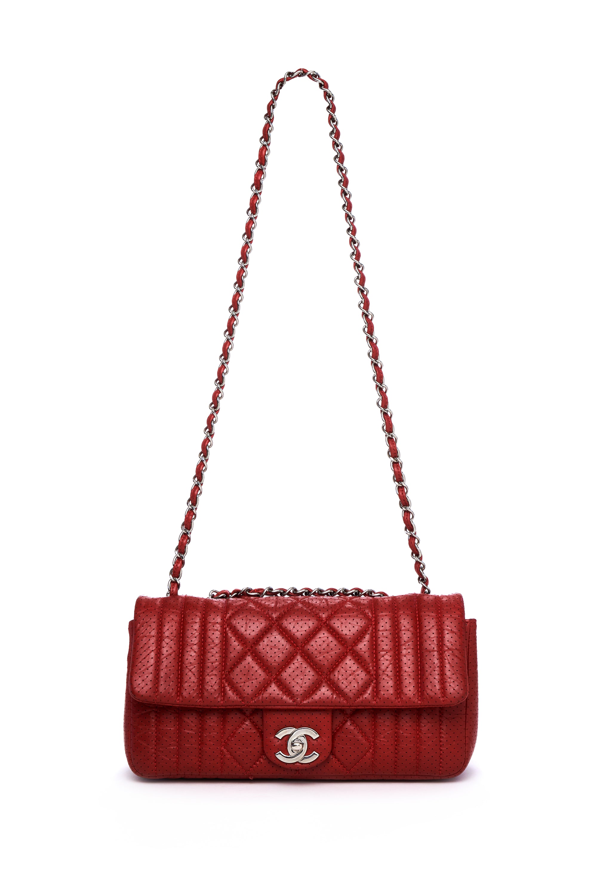 Chanel Red Perforated Quilted Flap Purse SHW