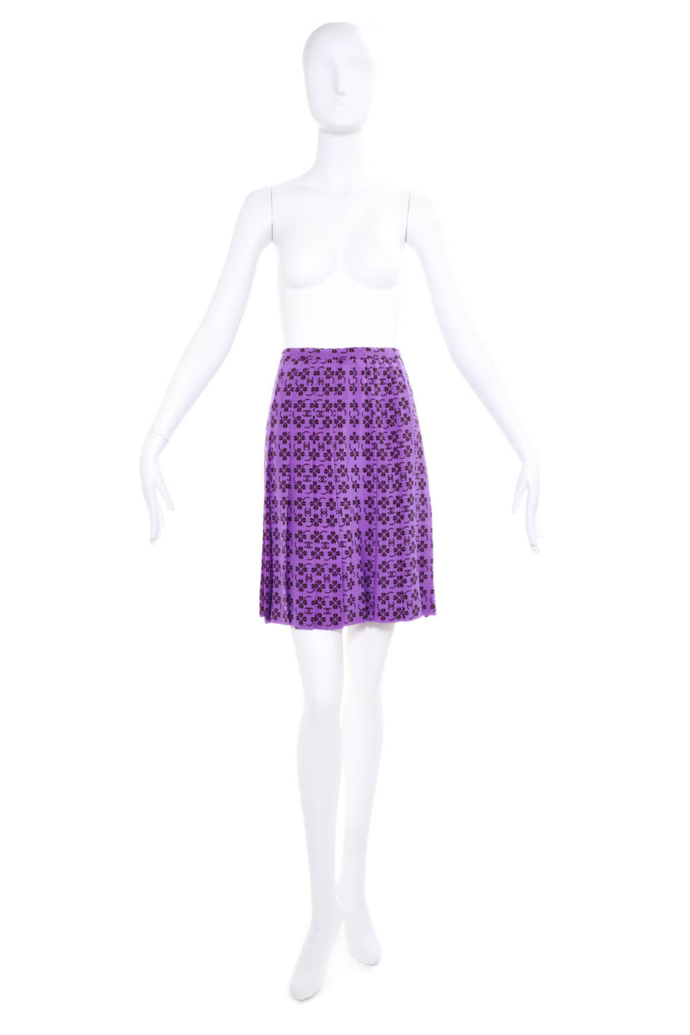 Chanel Purple and Brown Clover Pattern Pleated Silk Skirt Size 40 2001 P
