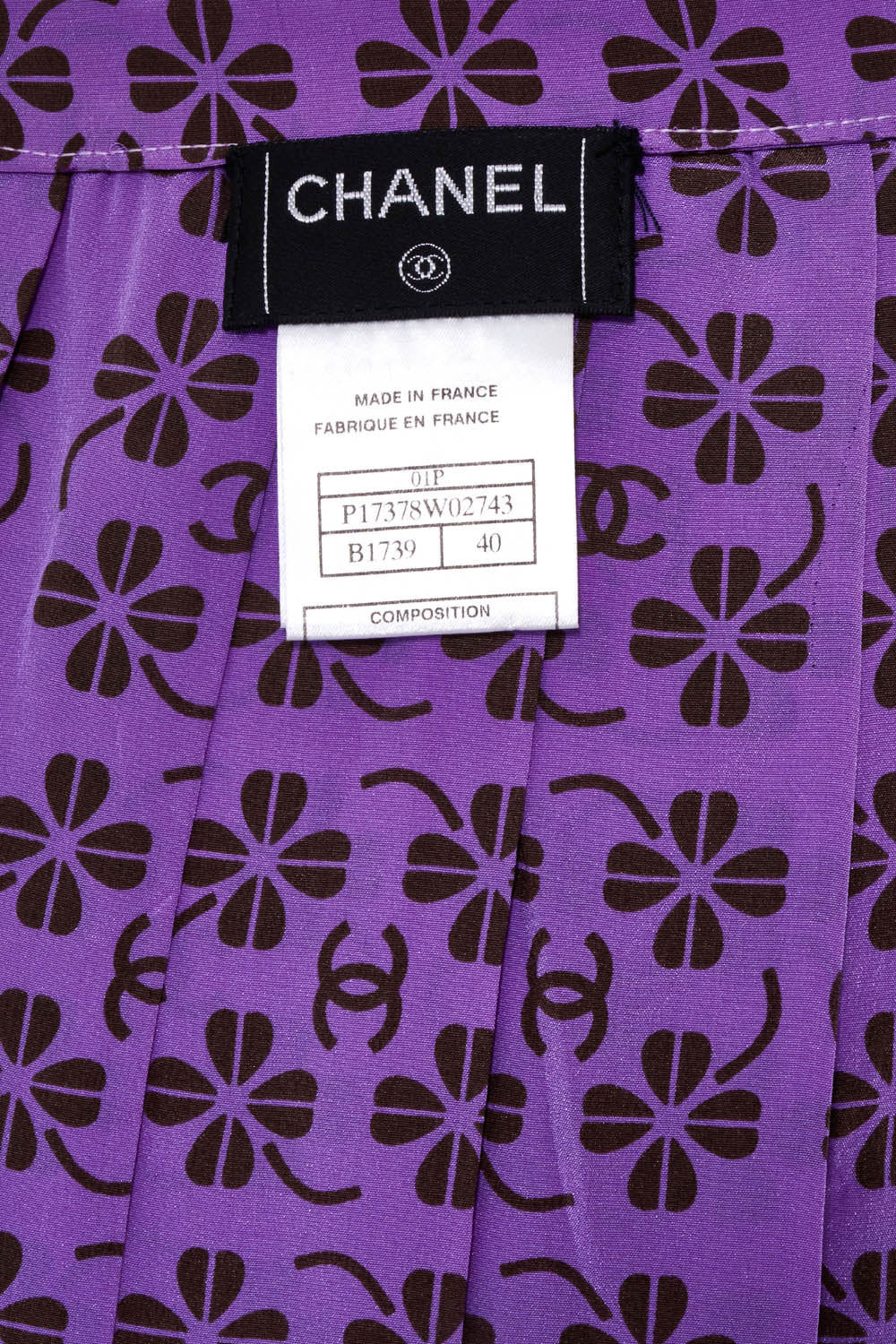 Chanel Purple and Brown Clover Pattern Pleated Silk Skirt Size 40 2001 P
