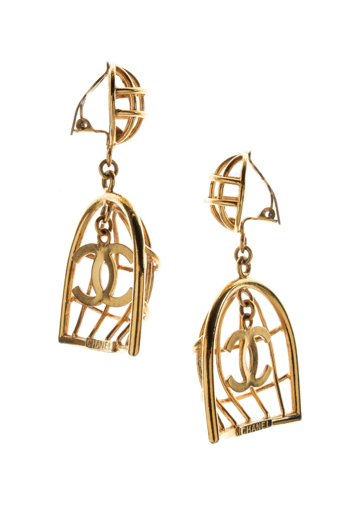 Chanel Gold Iconic Bird Cage Clip Earrings