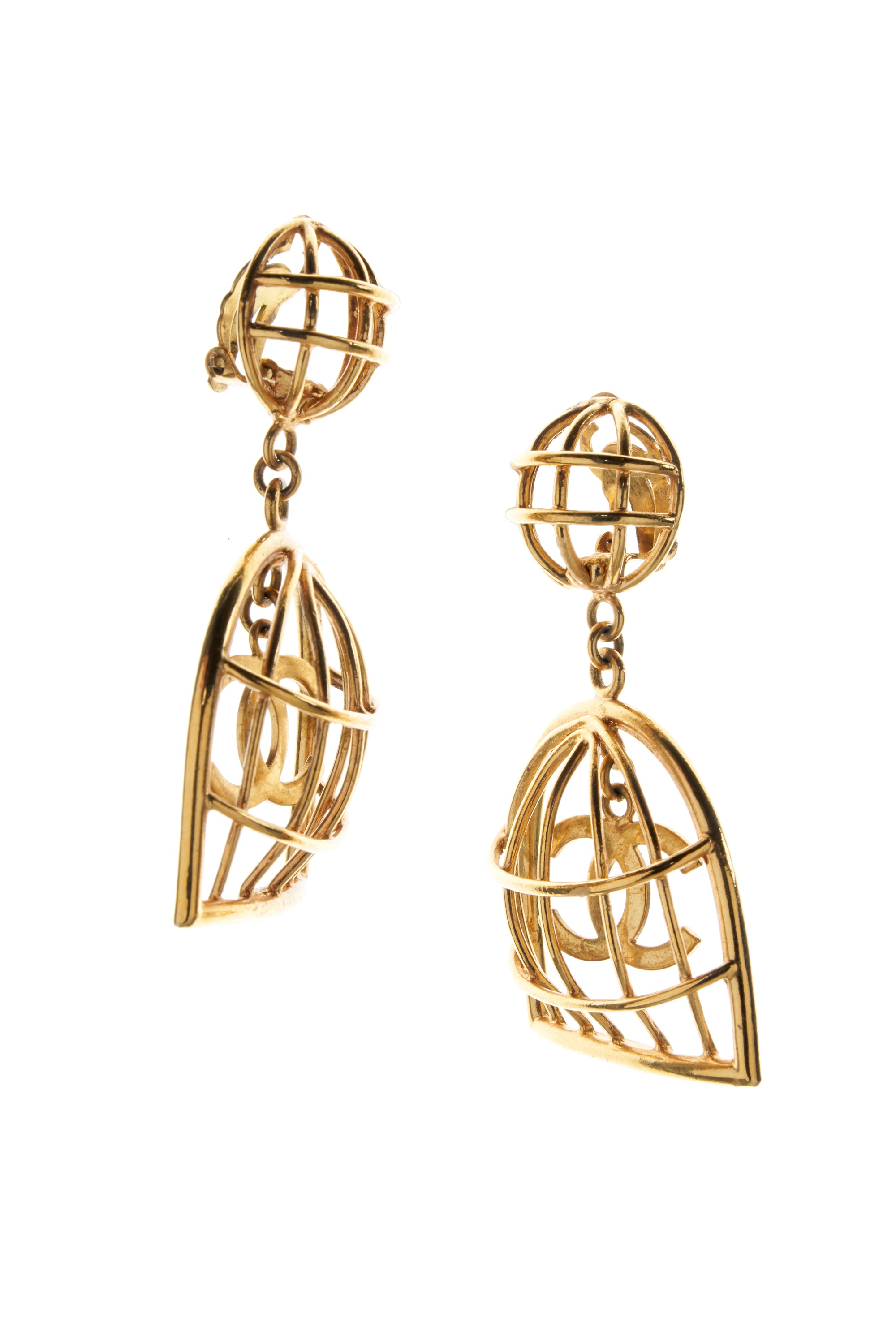 Chanel Gold Iconic Bird Cage Clip Earrings