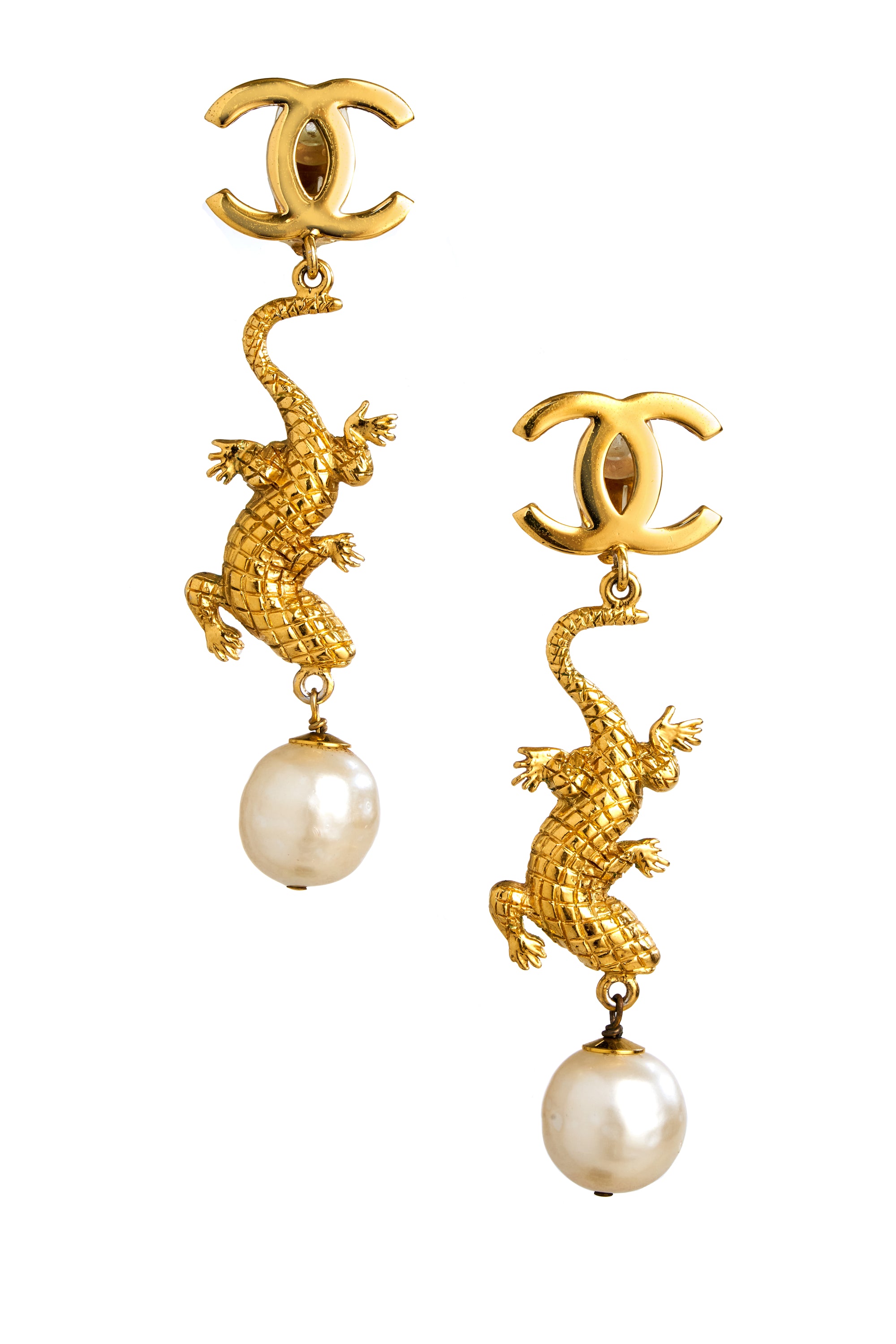 Chanel Vintage 1980s Lizard Pearl Drop Earrings