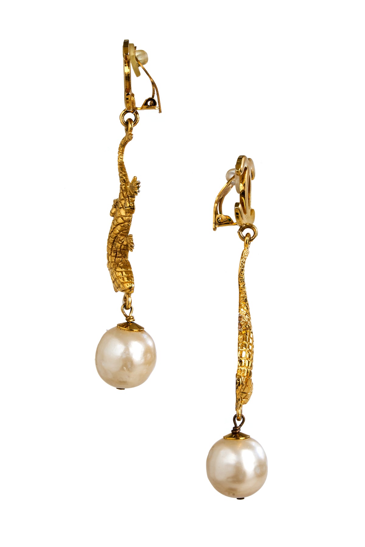 Chanel Vintage 1980s Lizard Pearl Drop Earrings