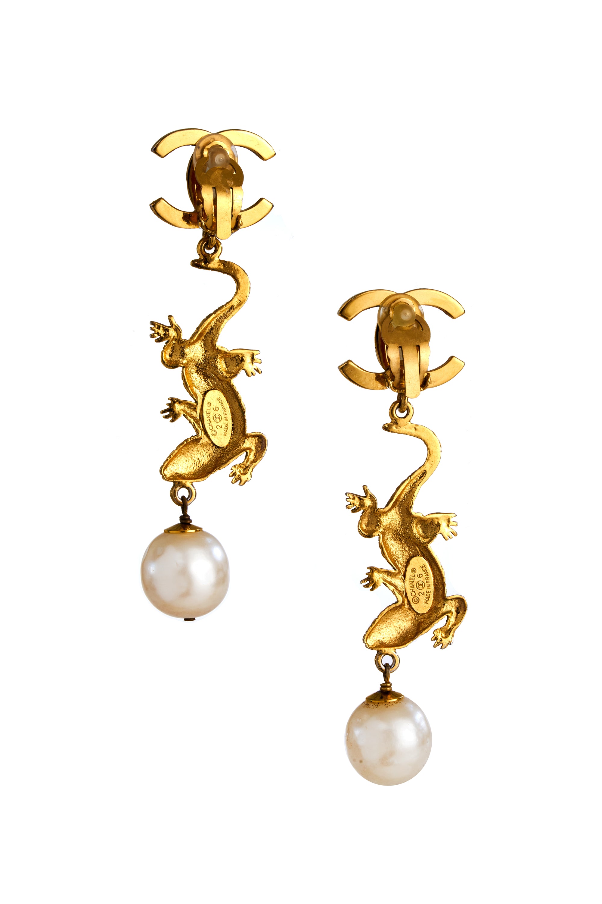 Chanel Vintage 1980s Lizard Pearl Drop Earrings