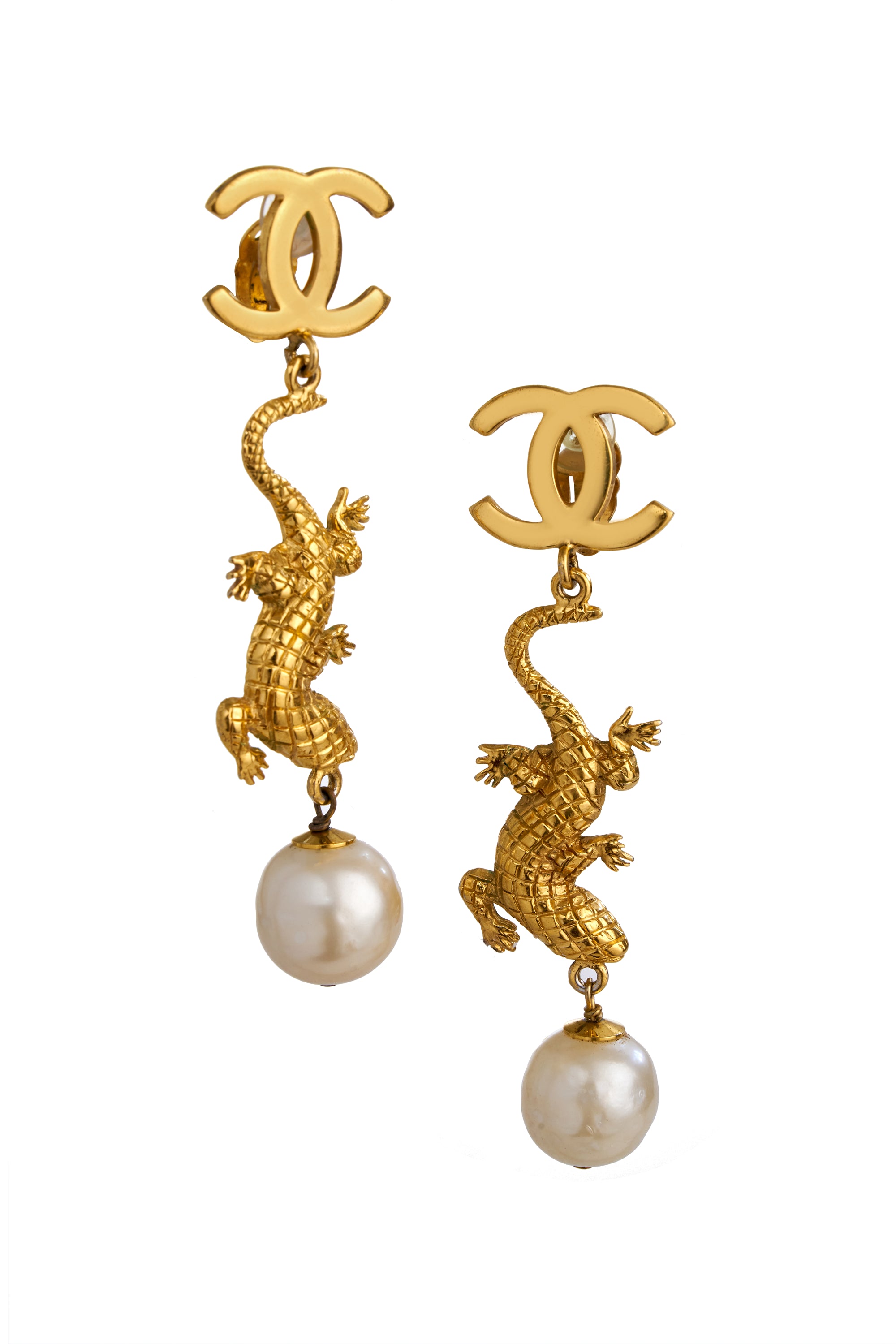 Chanel Vintage 1980s Lizard Pearl Drop Earrings