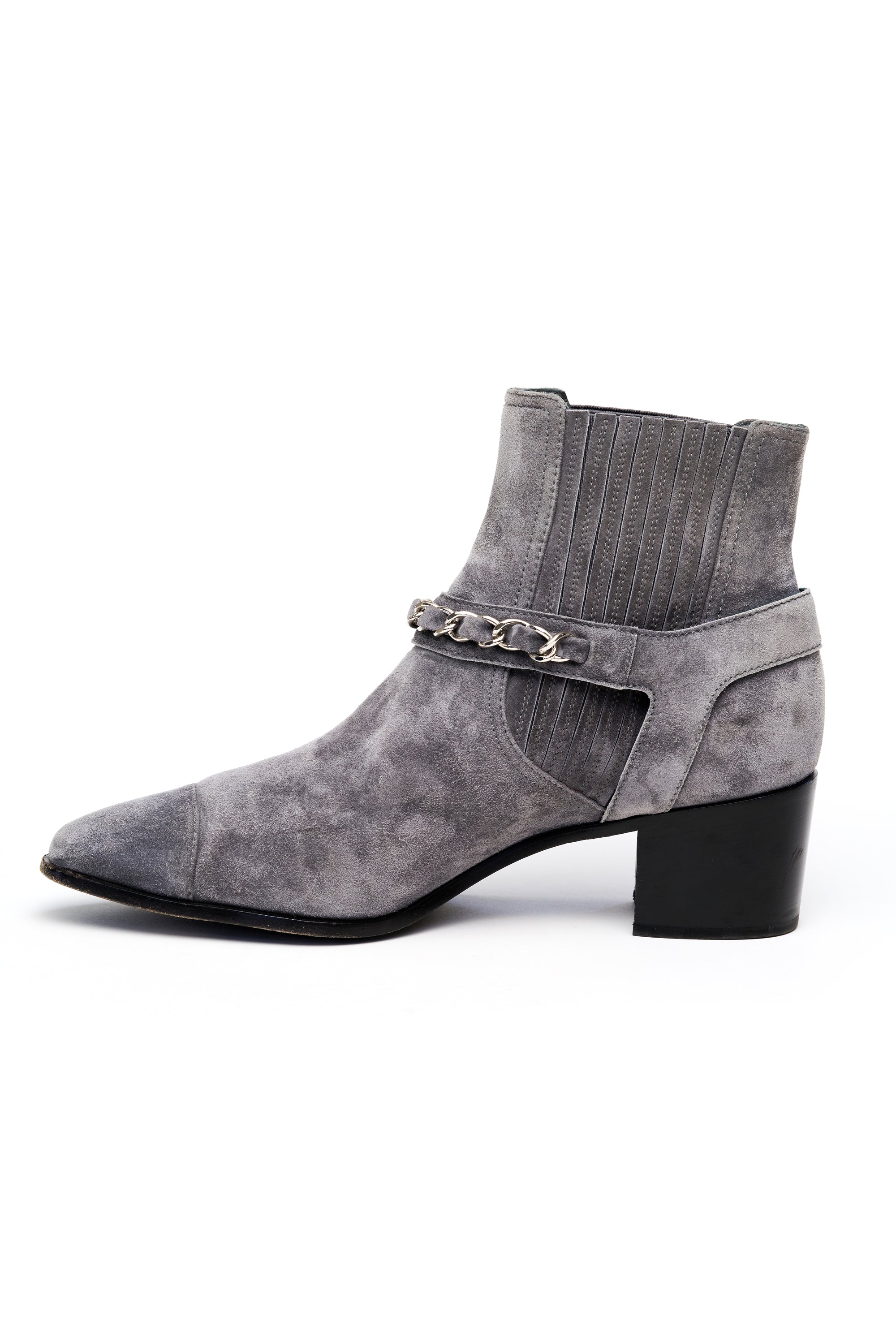 Chanel Gray Suede Moto Booties CC Chain