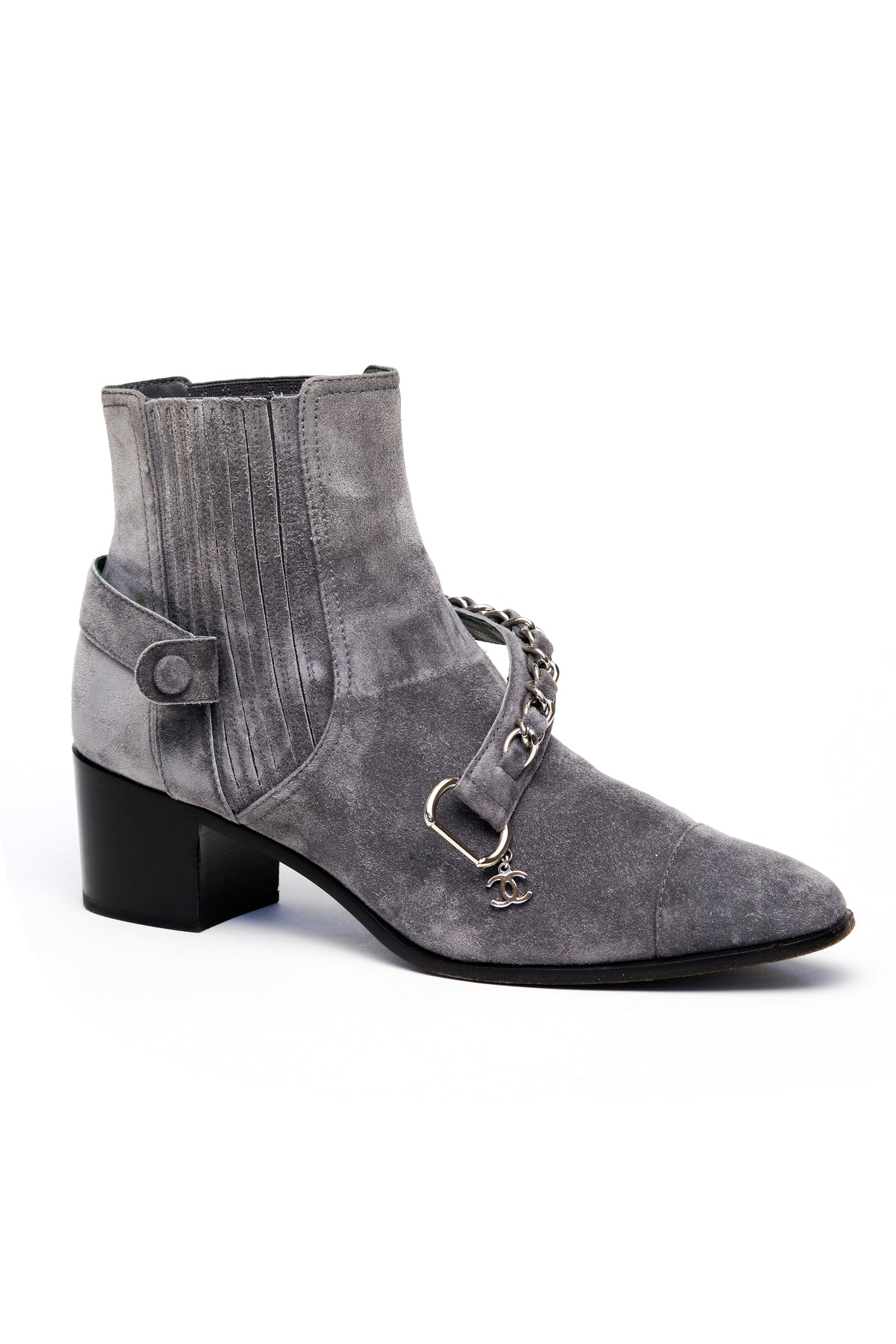 Chanel Gray Suede Moto Booties CC Chain