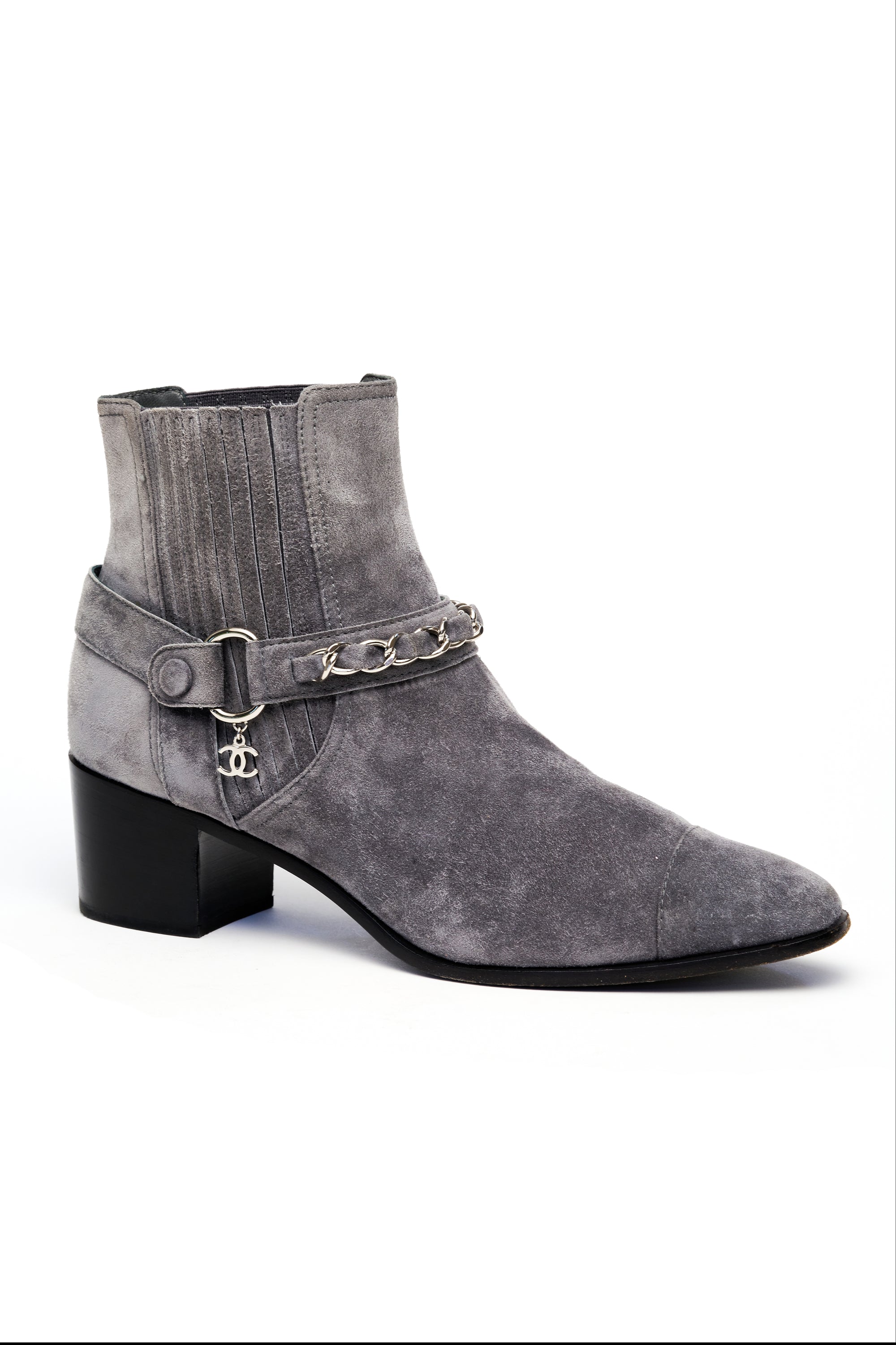 Chanel Gray Suede Moto Booties CC Chain