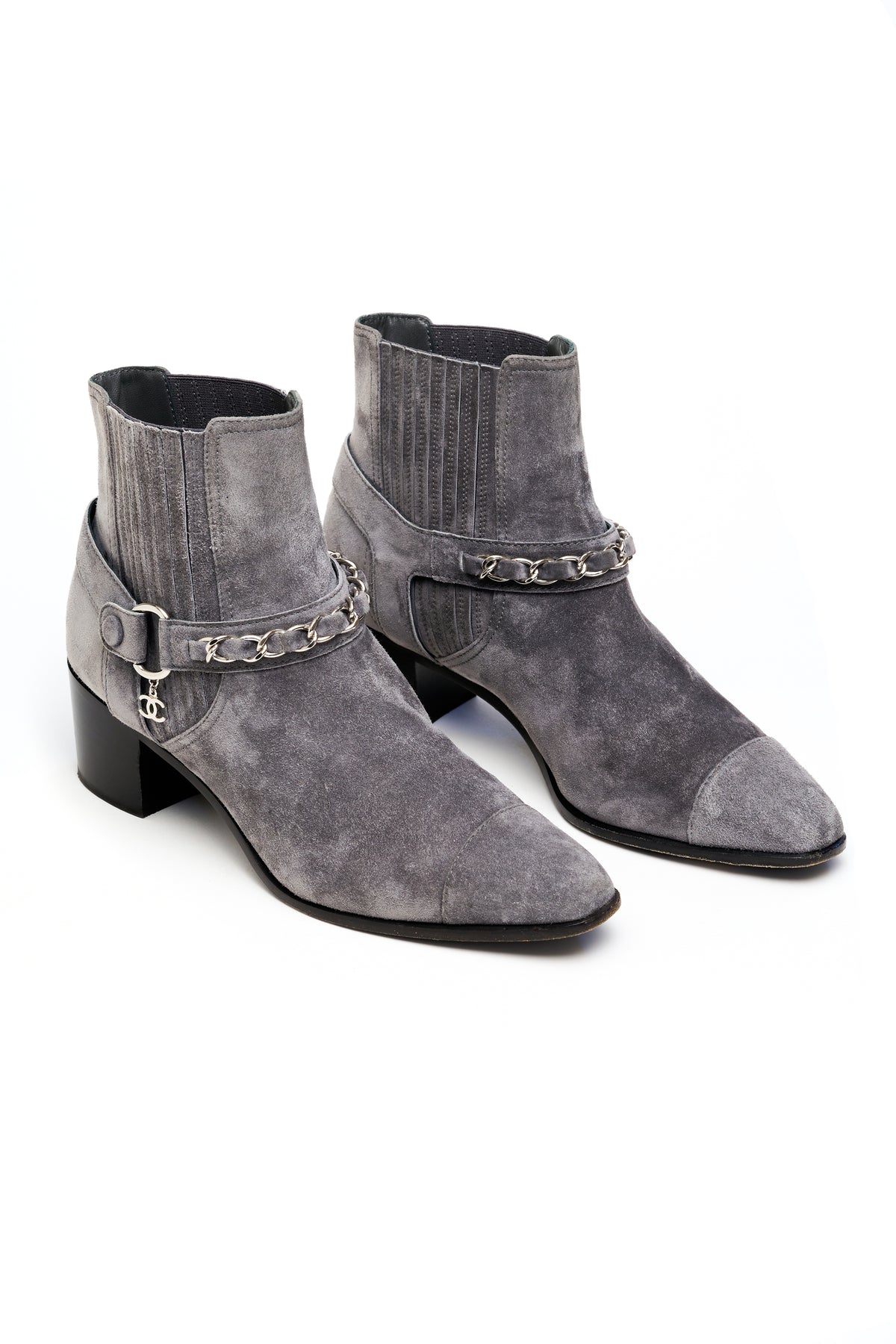 Chanel Gray Suede Moto Booties CC Chain