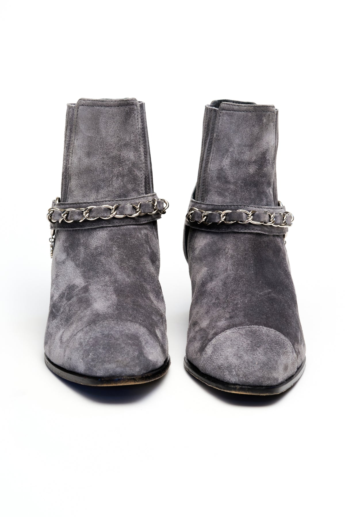 Chanel Gray Suede Moto Booties CC Chain