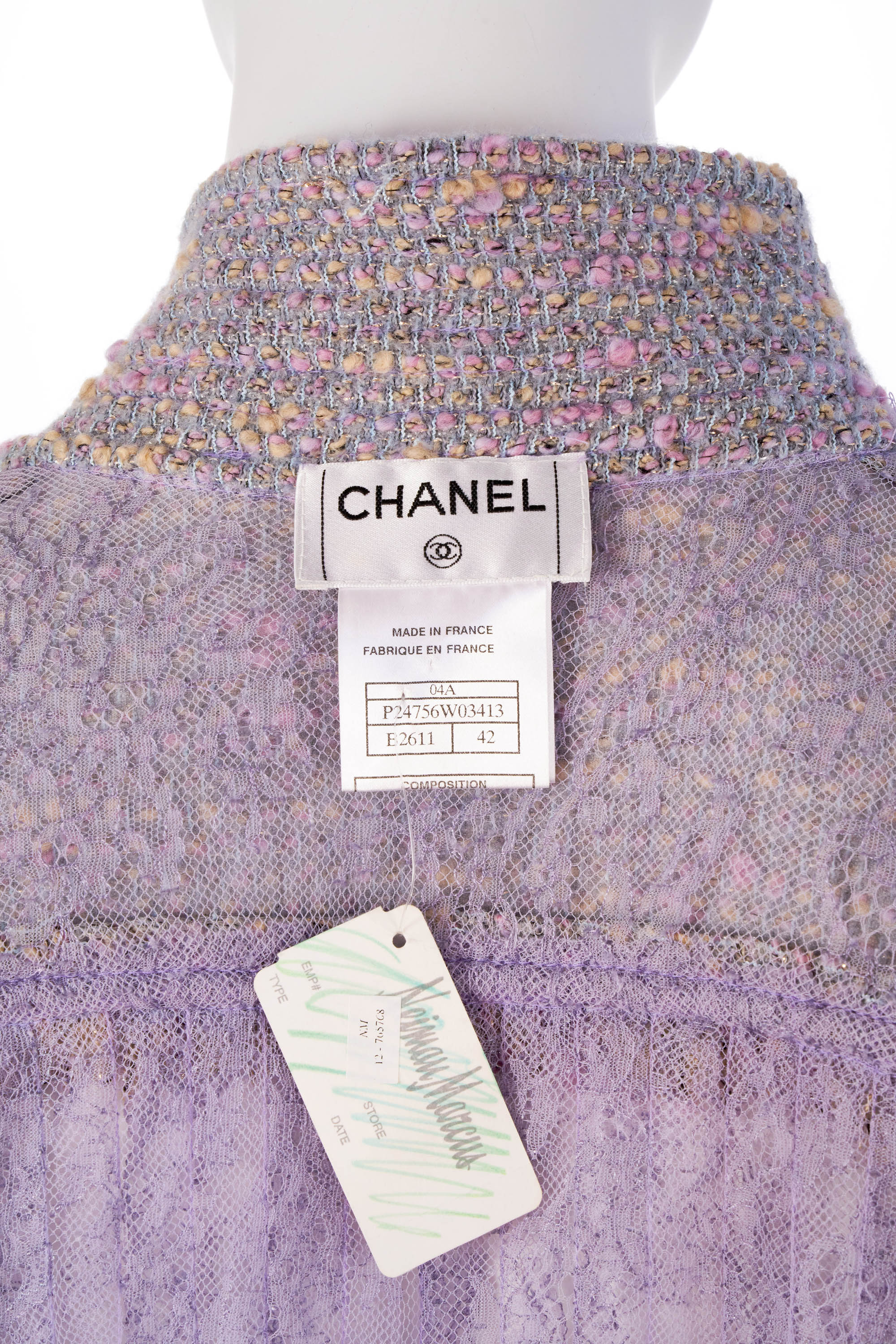 Chanel Lavender Lace Tweed Trim Jacket With Pearl Buttons 2004A Size 42