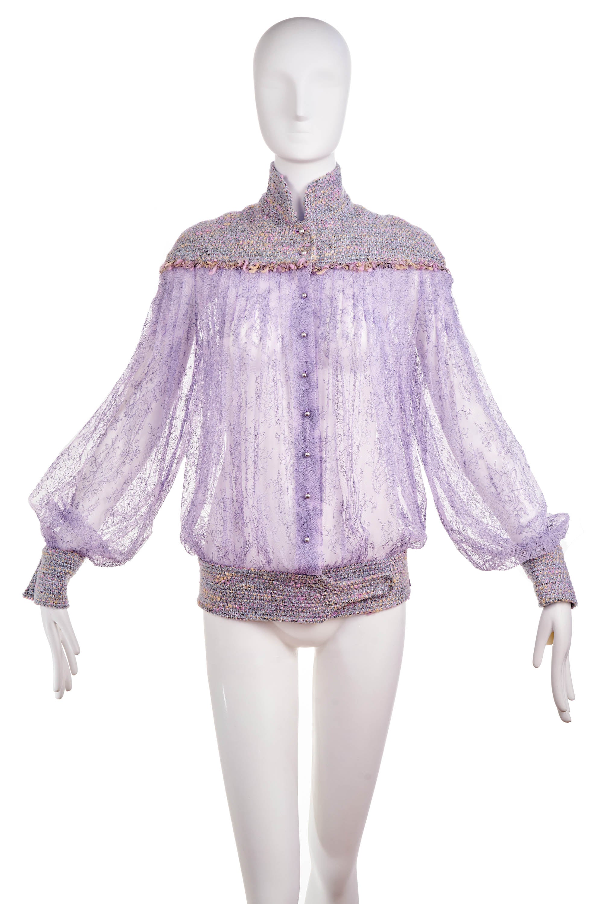 Chanel Lavender Lace Tweed Trim Jacket With Pearl Buttons 2004A Size 42