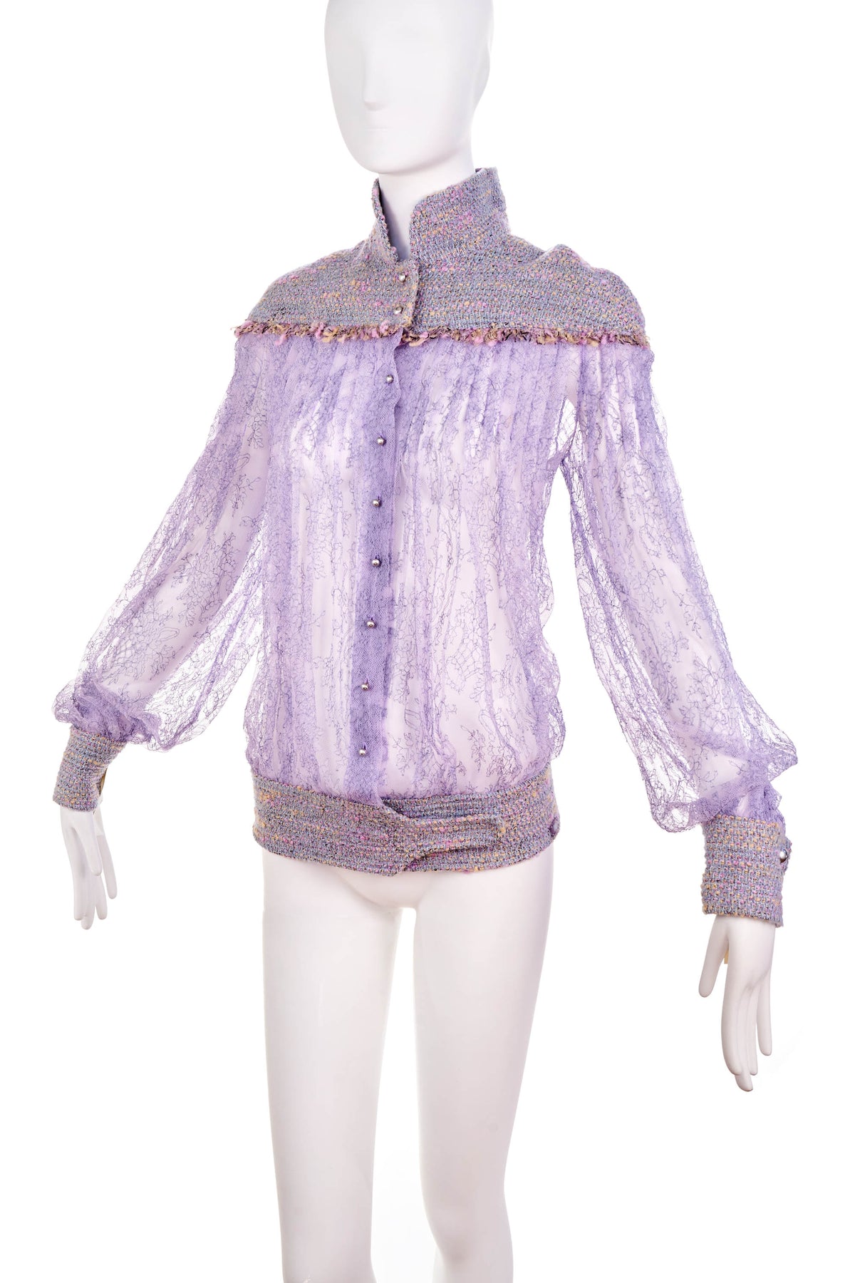 Chanel Lavender Lace Tweed Trim Jacket With Pearl Buttons 2004A Size 42