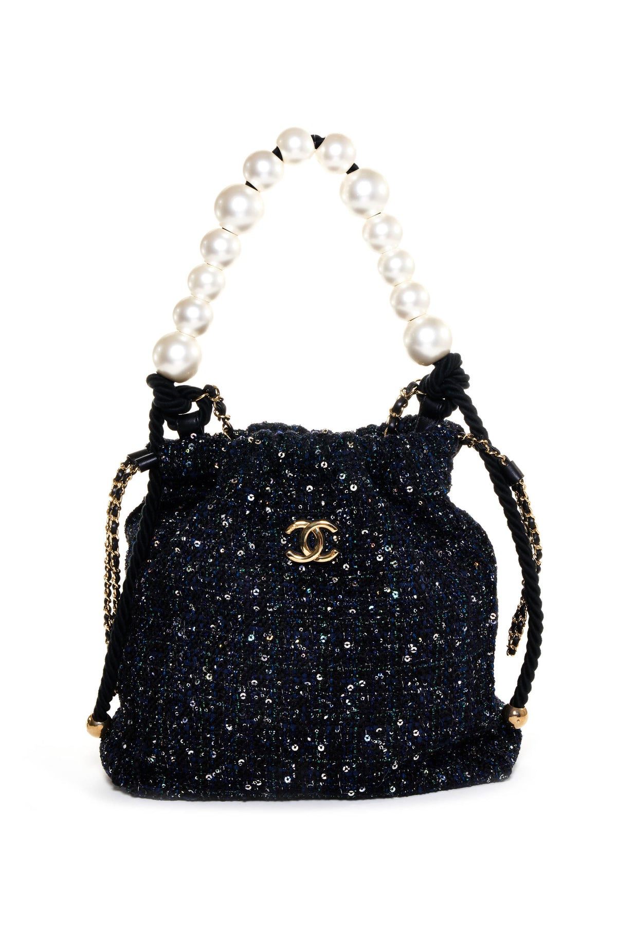 Chanel Navy Fantasy Tweed Pearl Handle Purse 2019