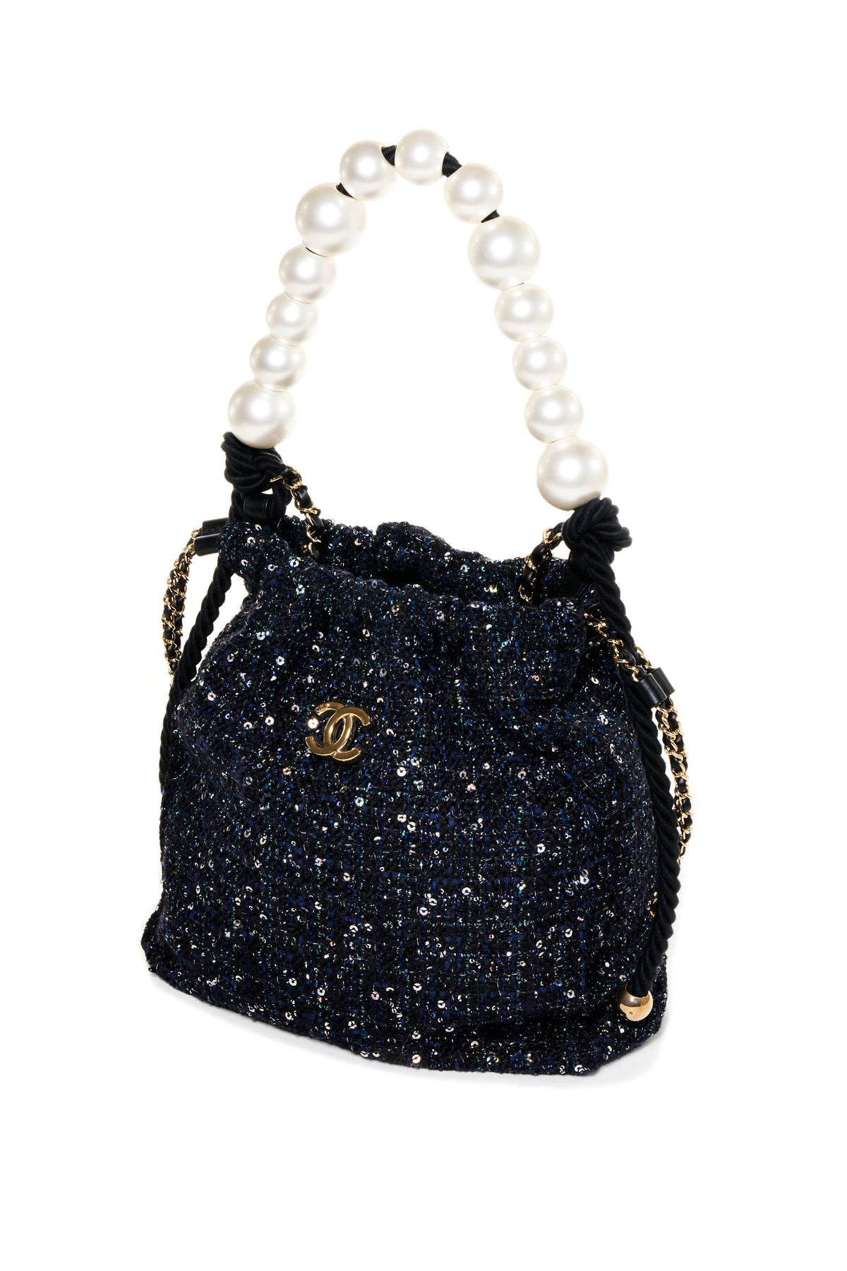 Chanel Navy Fantasy Tweed Pearl Handle Purse 2019