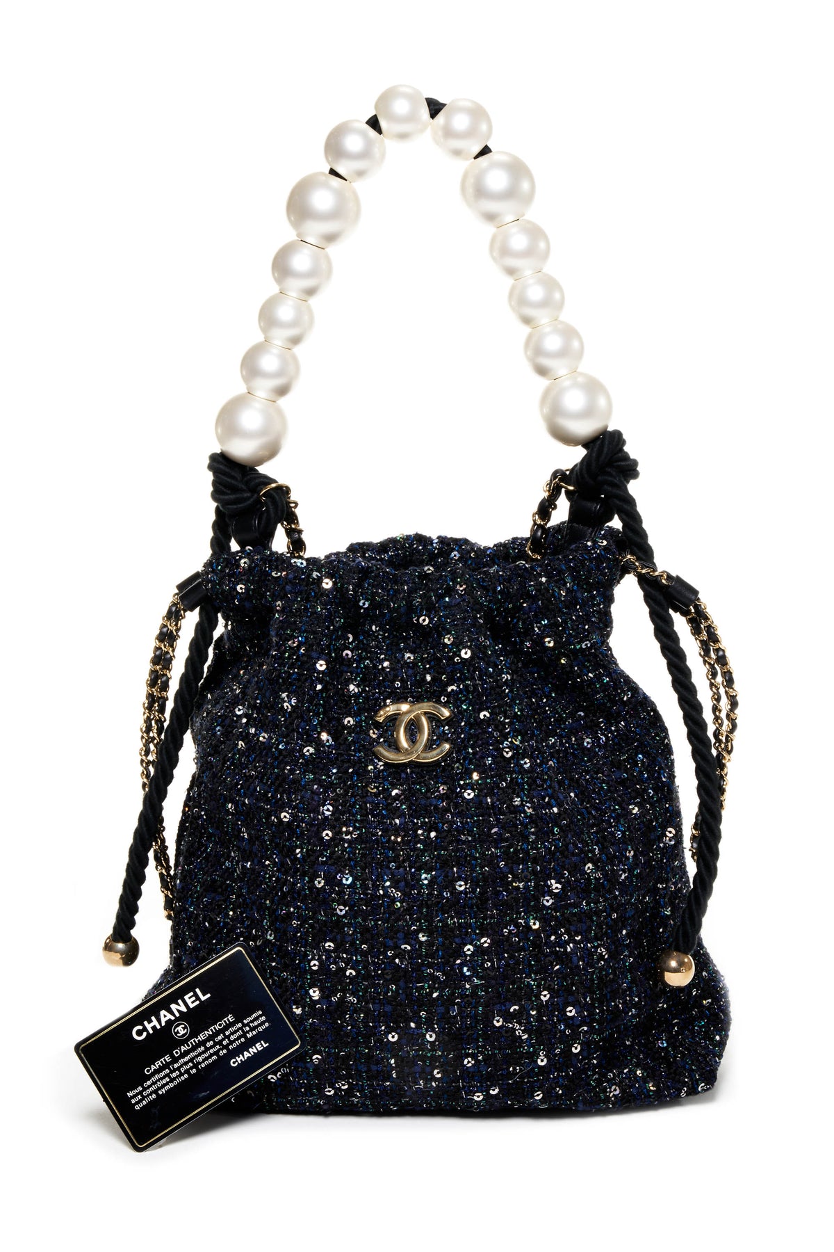 Chanel Navy Fantasy Tweed Pearl Handle Purse 2019