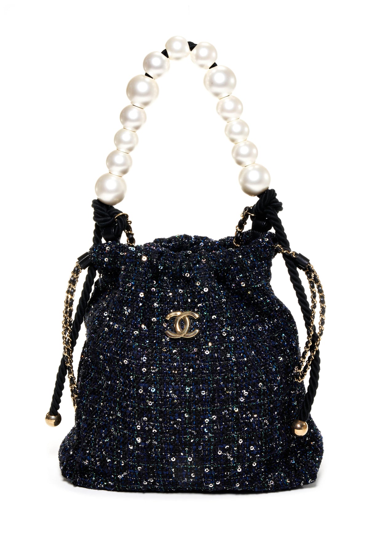 Chanel Navy Fantasy Tweed Pearl Handle Purse 2019