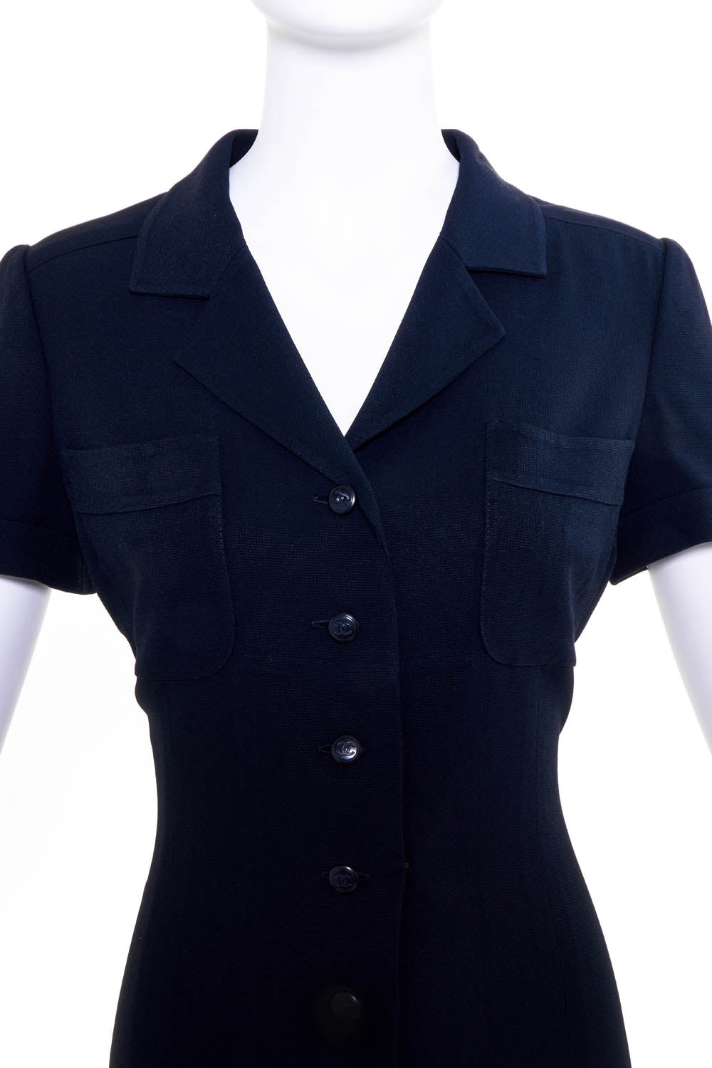Chanel Navy Blue CC Button Crepe Shirt Dress Size 4