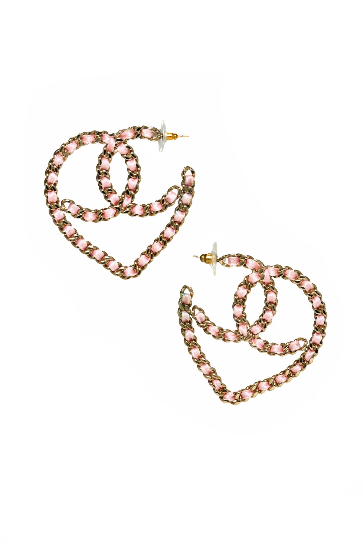 Chanel Pink Leather Wrapped Chain Heart Pierce Earrings 19C