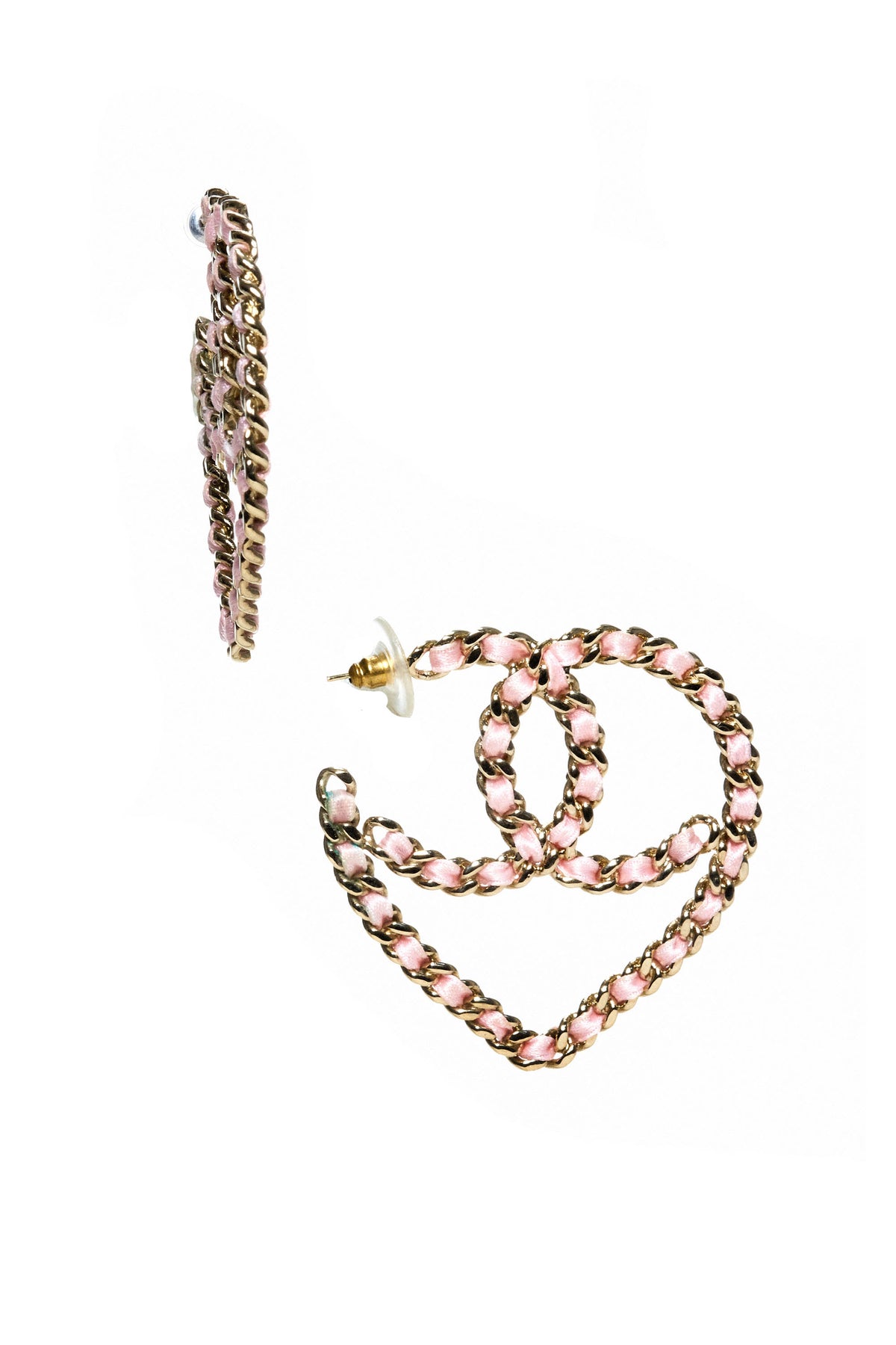 Chanel Pink Leather Wrapped Chain Heart Pierce Earrings 19C