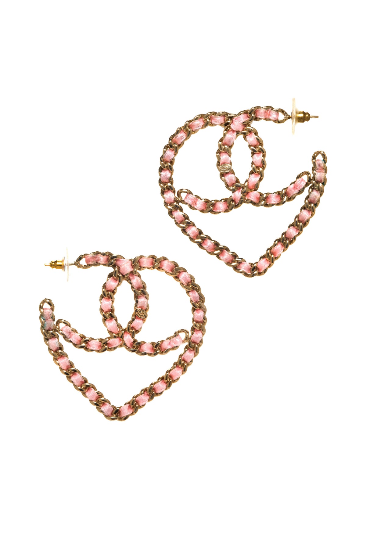 Chanel Pink Leather Wrapped Chain Heart Pierce Earrings 19C