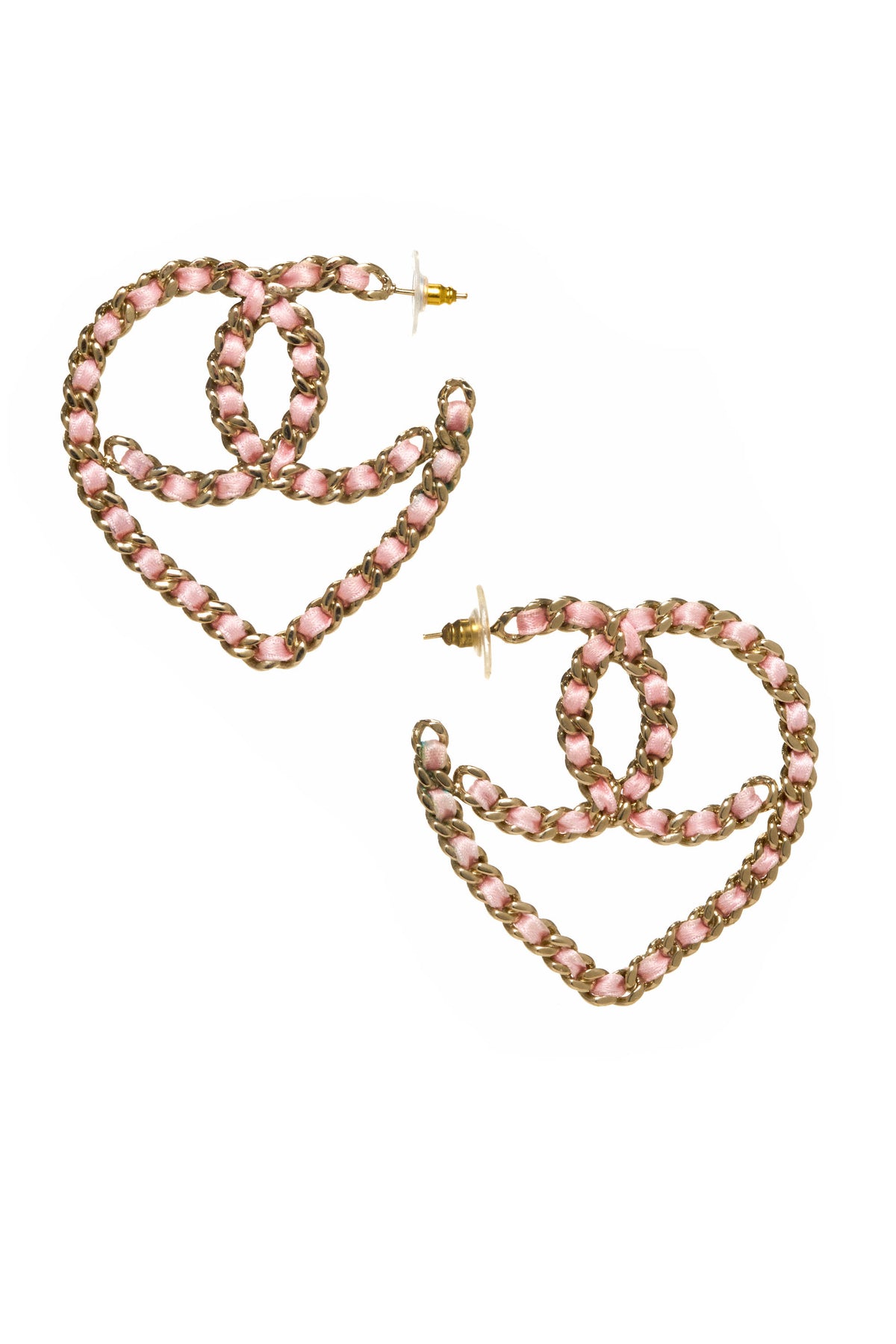 Chanel Pink Leather Wrapped Chain Heart Pierce Earrings 19C