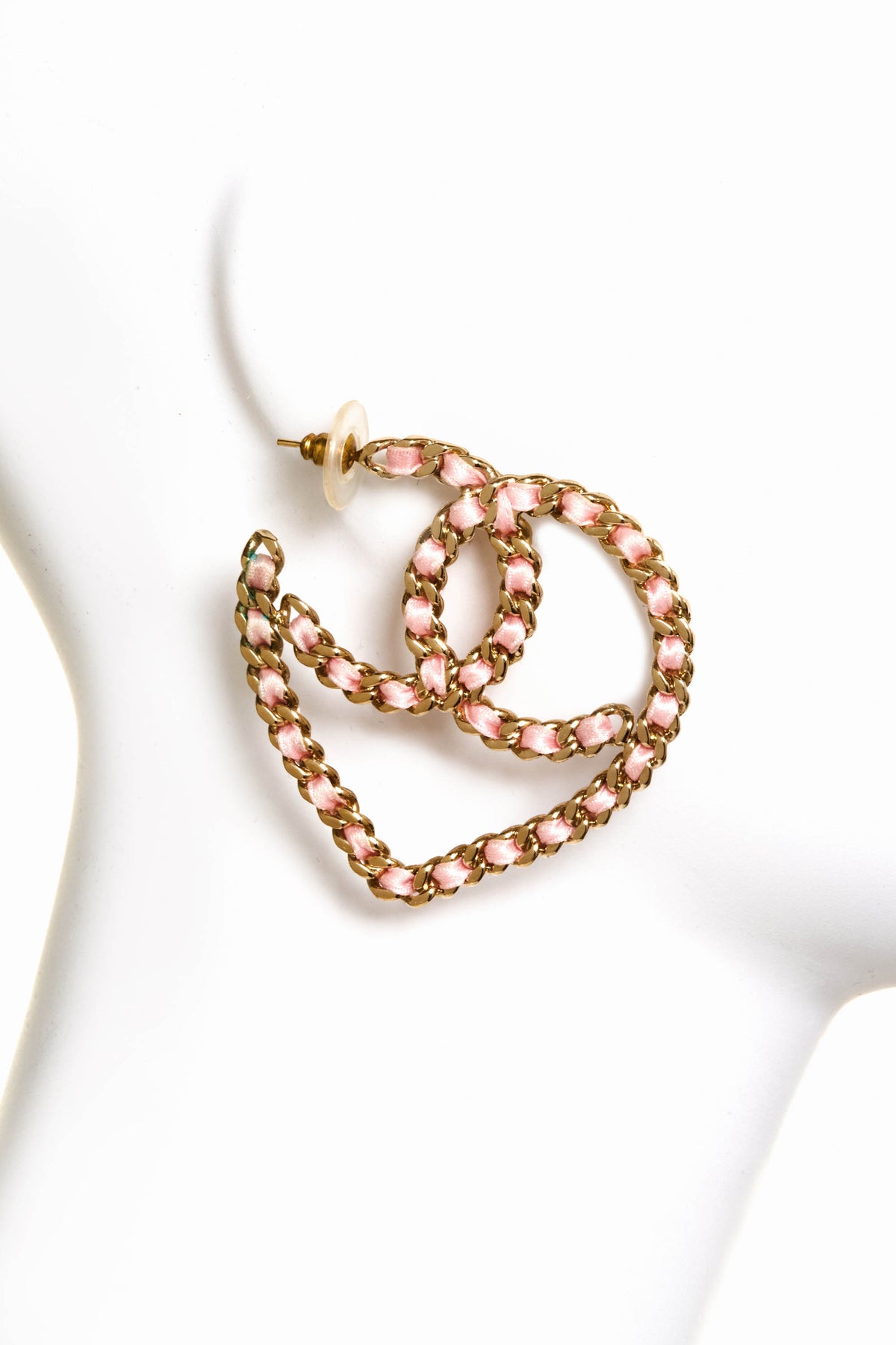 Chanel Pink Leather Wrapped Chain Heart Pierce Earrings 19C