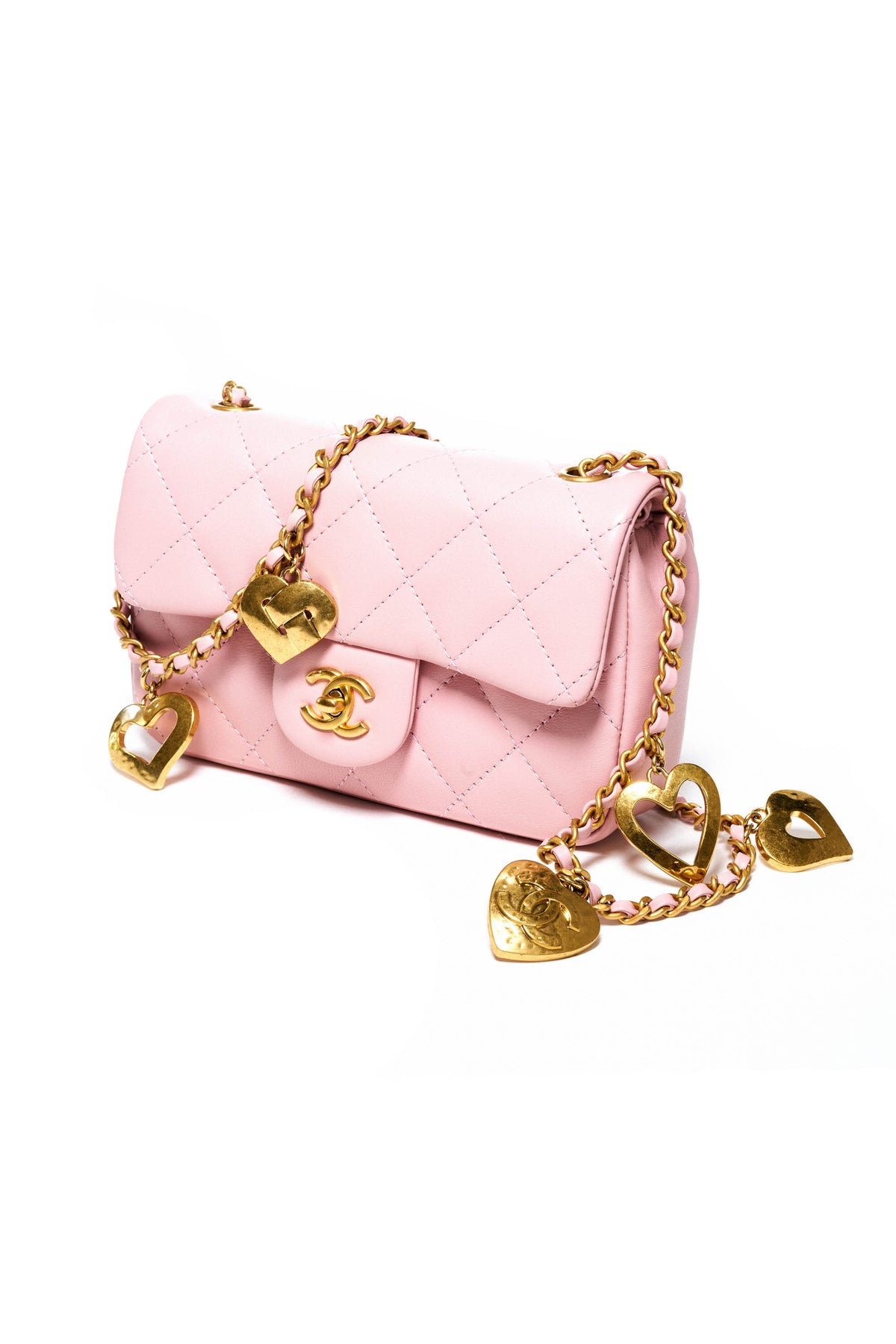 Chanel Pink Small Flap Bag Heart With Charms on Chain